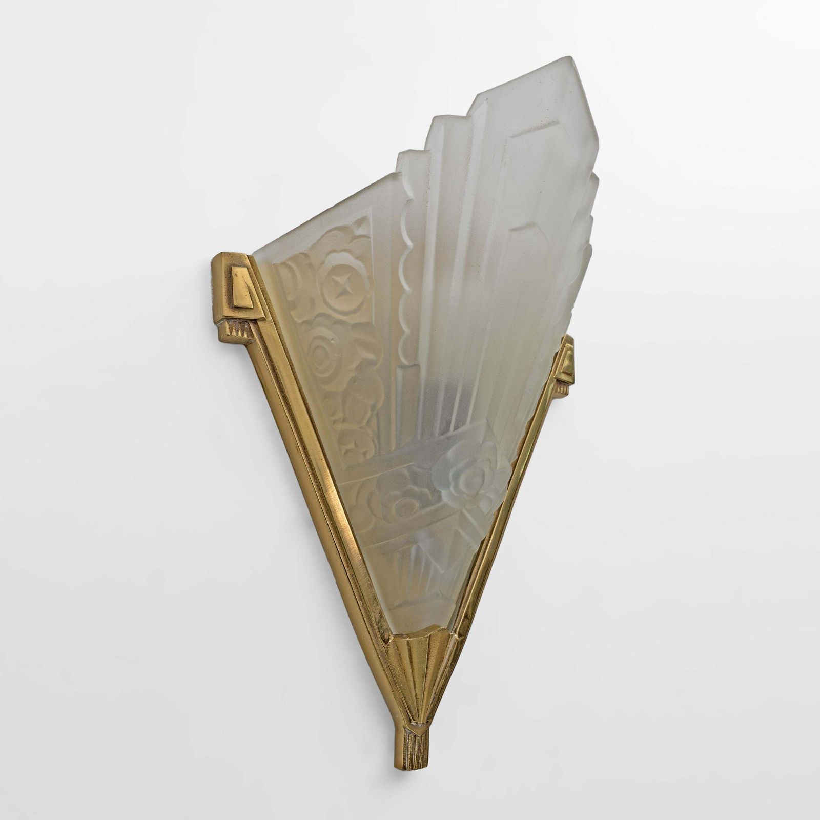 Pair Of Art Deco Pressed Glass And Brass Sconces, France, 1930s photo Lighting