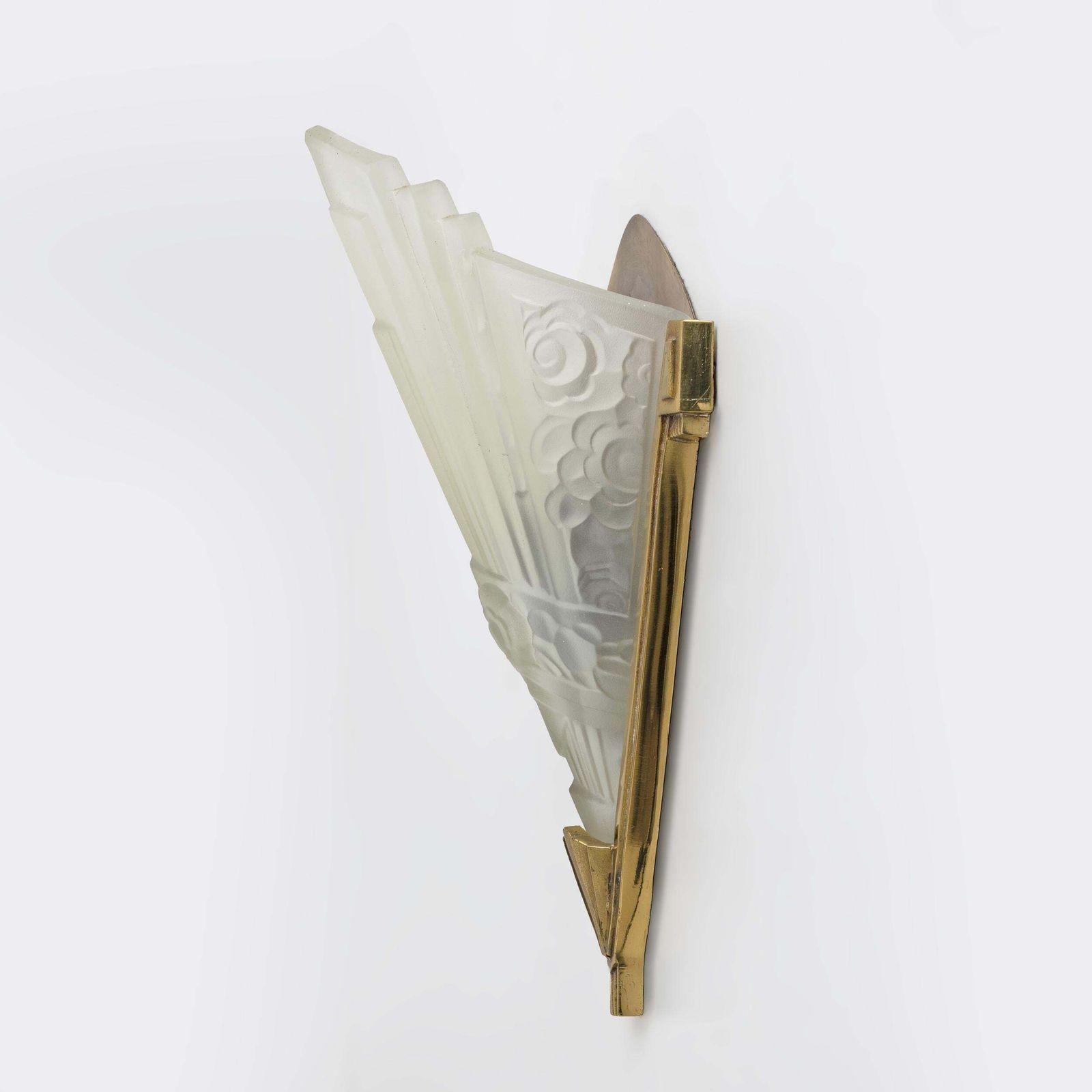 Pair Of Art Deco Pressed Glass And Brass Sconces, France, 1930s photo vintage