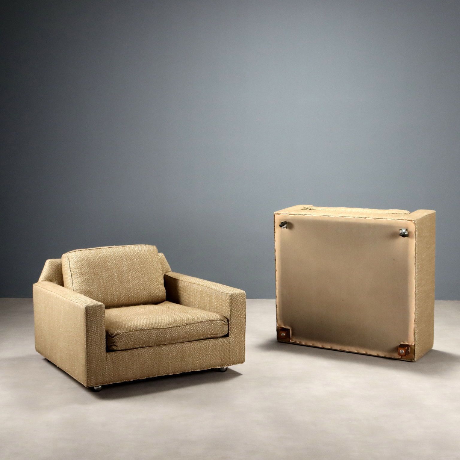 Furniture Vintage Armchairs Wood Fabric Design Italy 1960s photo