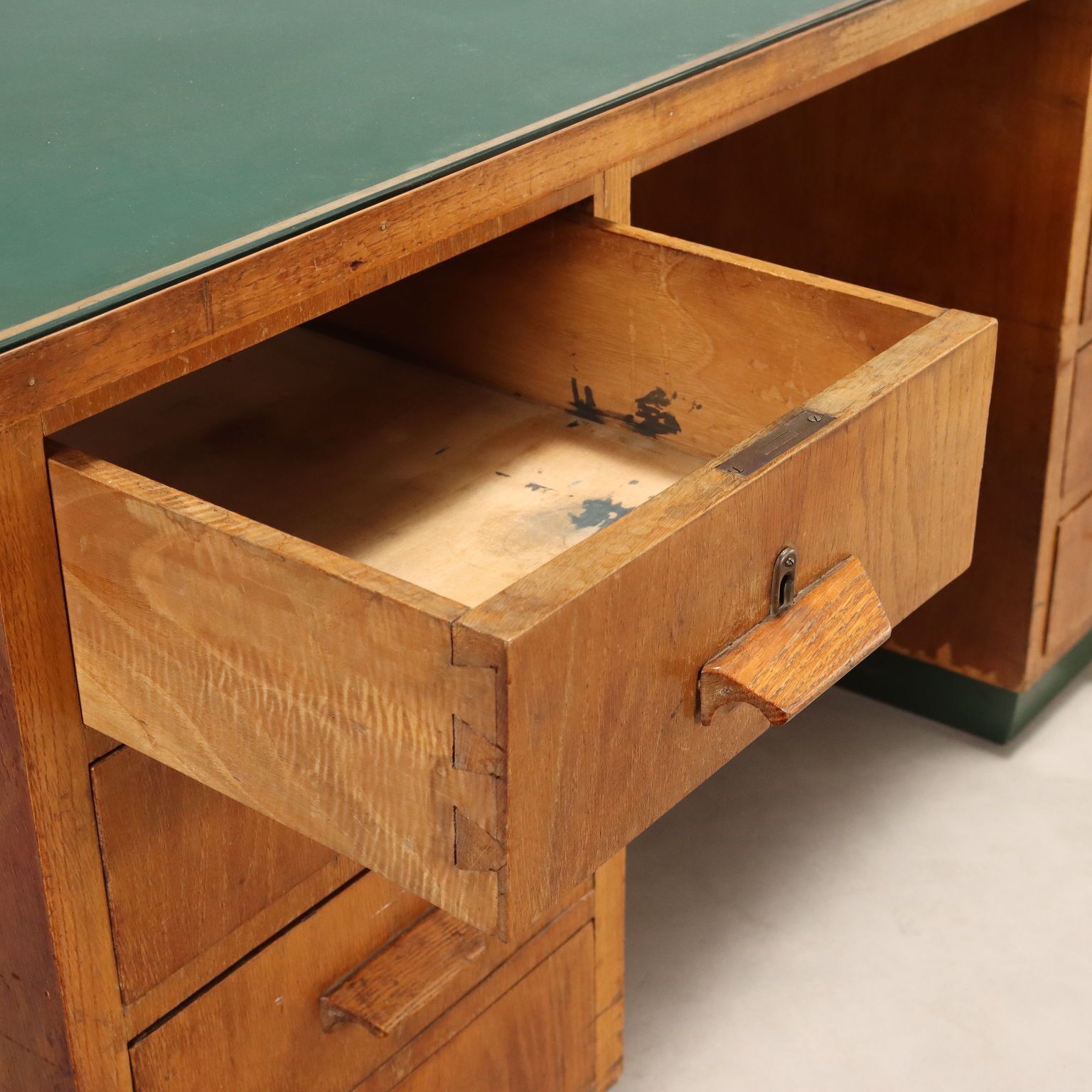 Vintage Writing Desk Oak Veneer Drawers Italy 1940s photo for sale