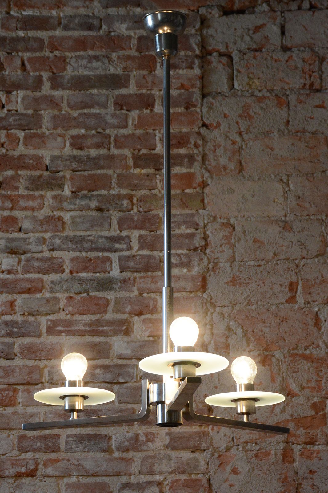 Restored Bauhaus Chandelier, Nickel Plated Steel, Opaline Glass, Czech, 1930s photo for sale