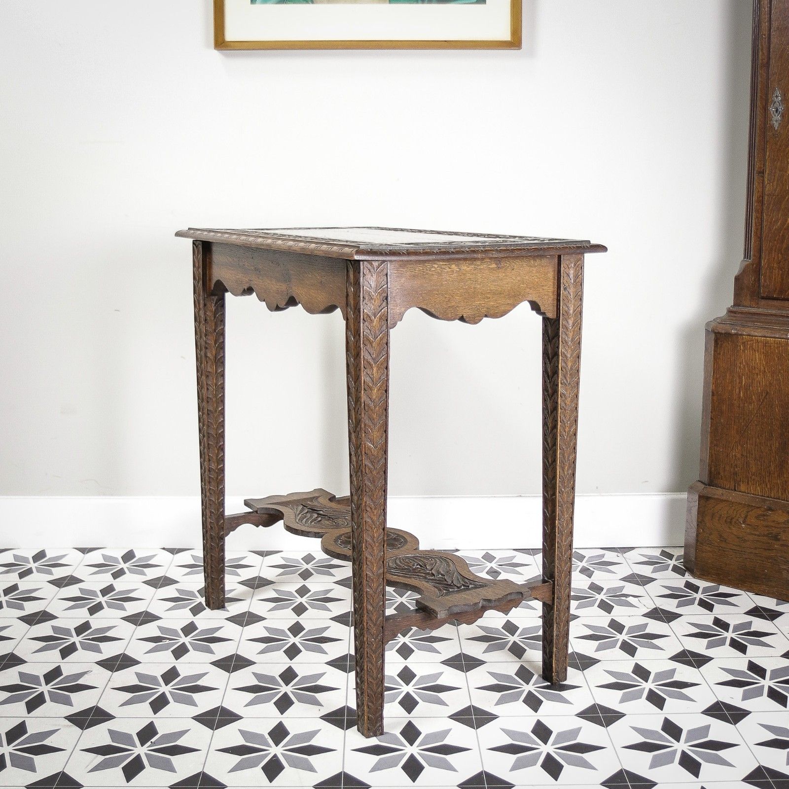 Oak Side Table Or Hall Table Heavily Carved Top, Legs And Stretcher Victorian photo 395.0