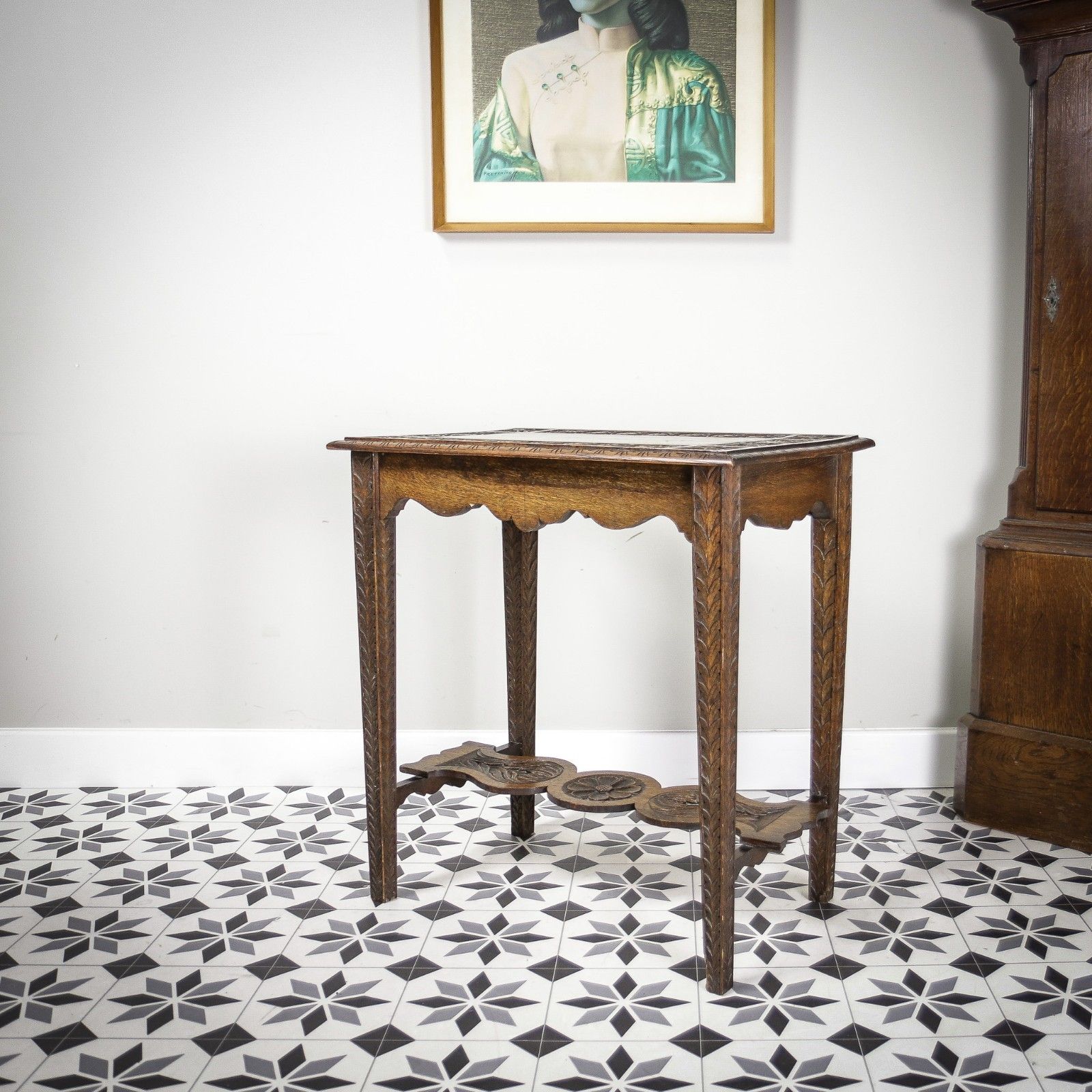 Oak Side Table Or Hall Table Heavily Carved Top, Legs And Stretcher Victorian photo buy