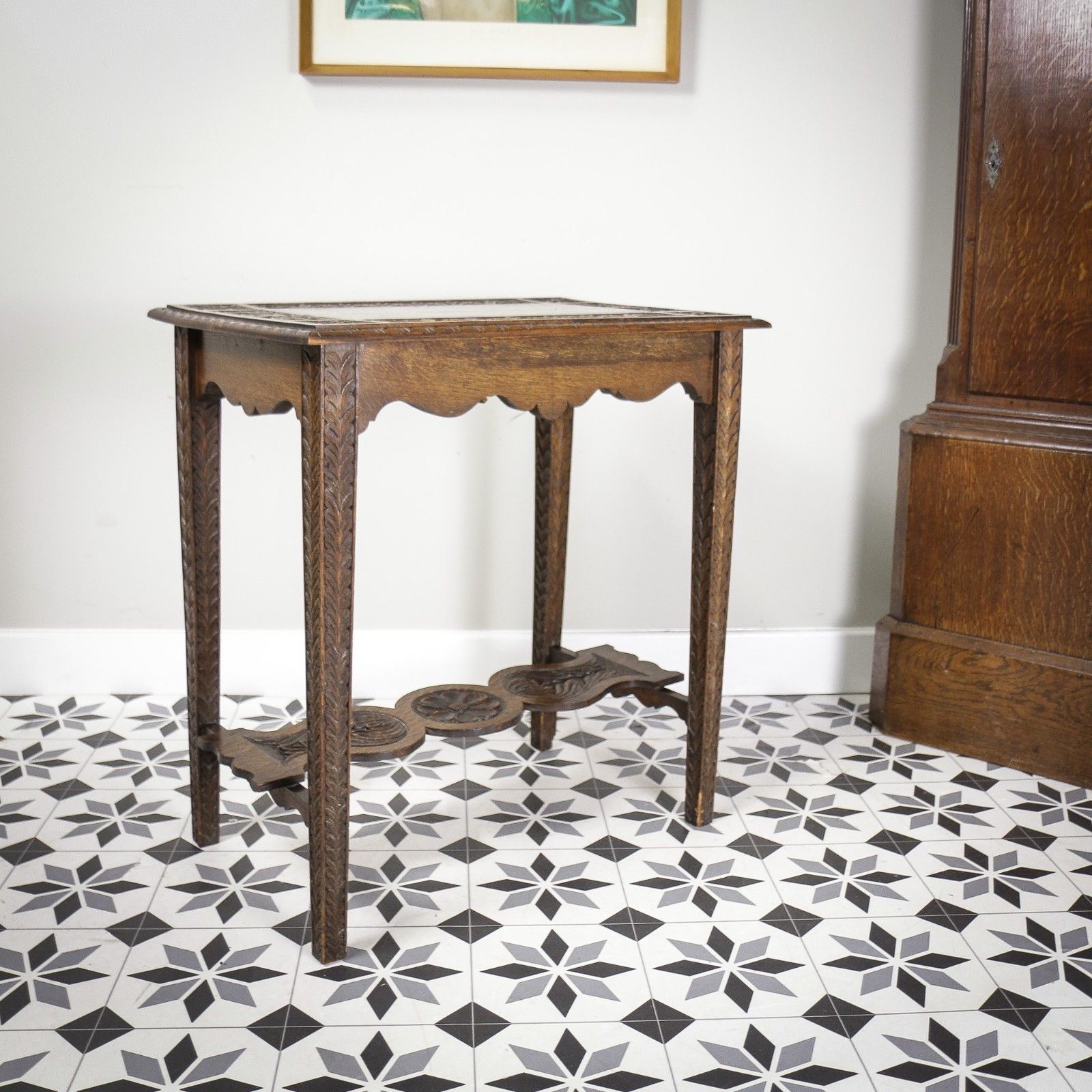 photo furniture Oak Side Table Or Hall Table Heavily Carved Top, Legs And Stretcher Victorian