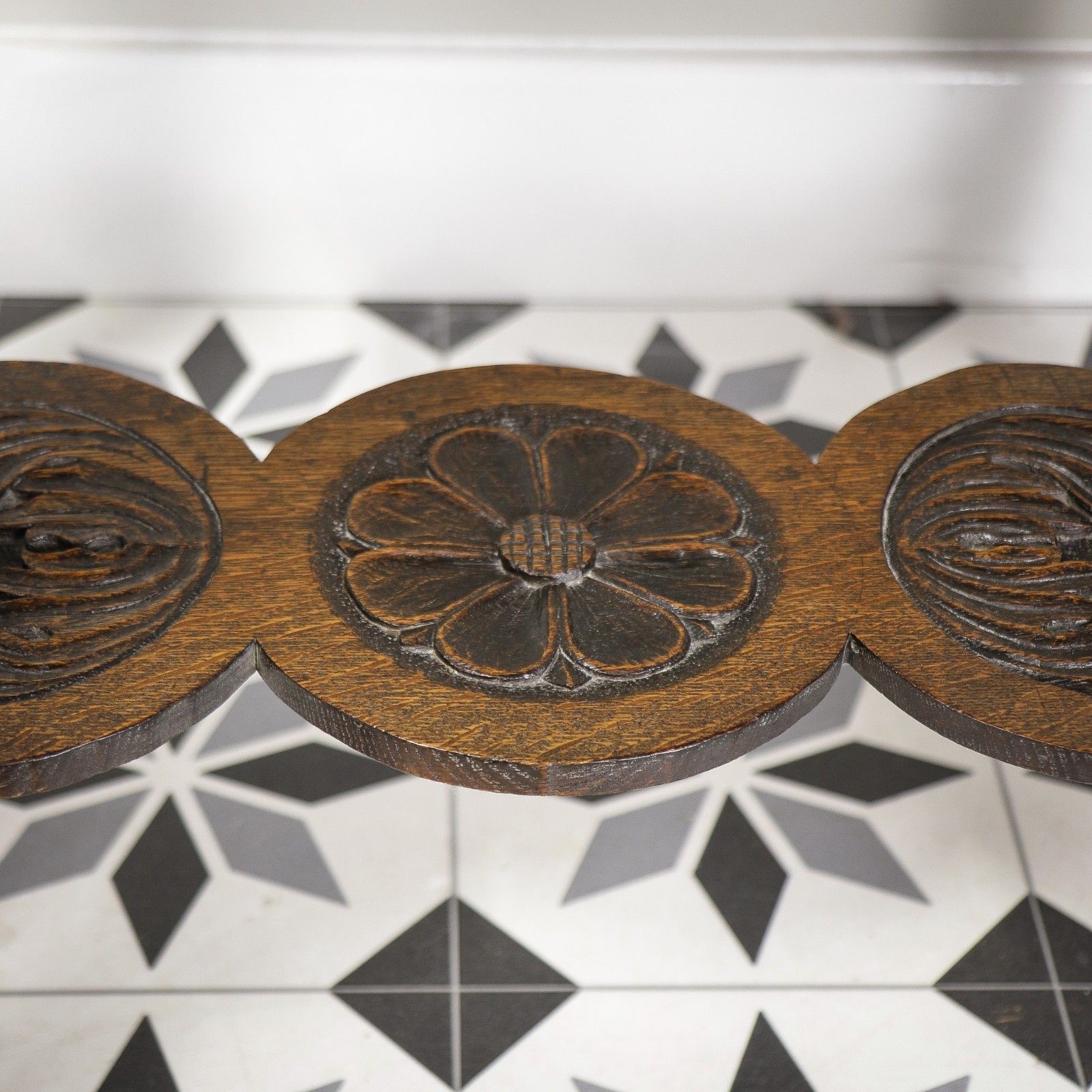 photo buy Oak Side Table Or Hall Table Heavily Carved Top, Legs And Stretcher Victorian