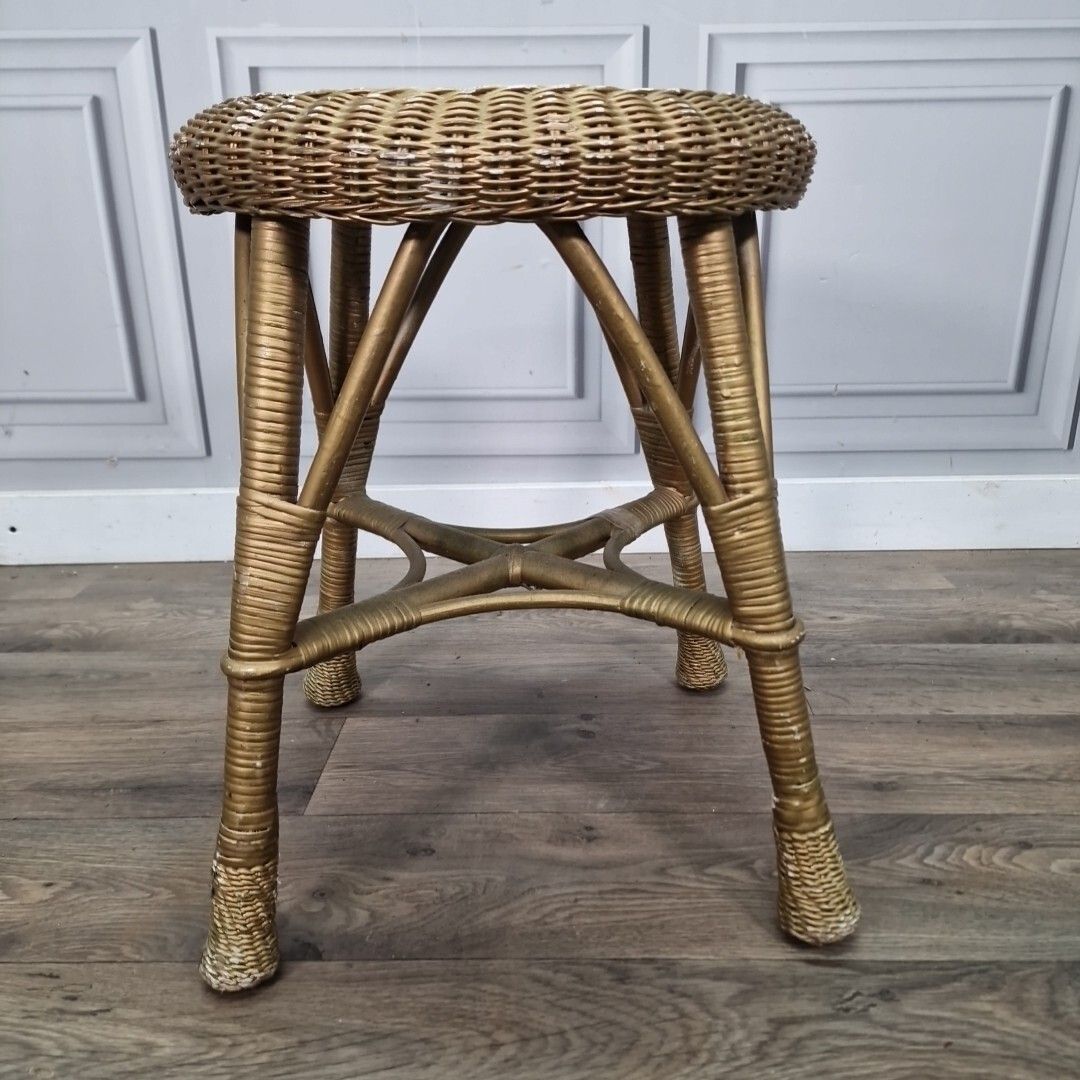 Retro Vintage Round Table Cane Small Gold Stool Wicker Weaved Dressing Seat photo for sale