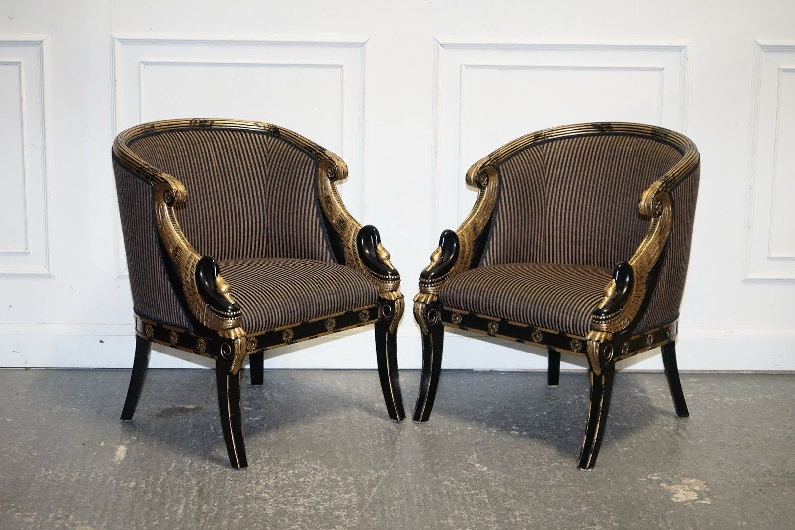 Lovely Pair Of Black Lacquered And Gilt Upholstered Open Armchairs