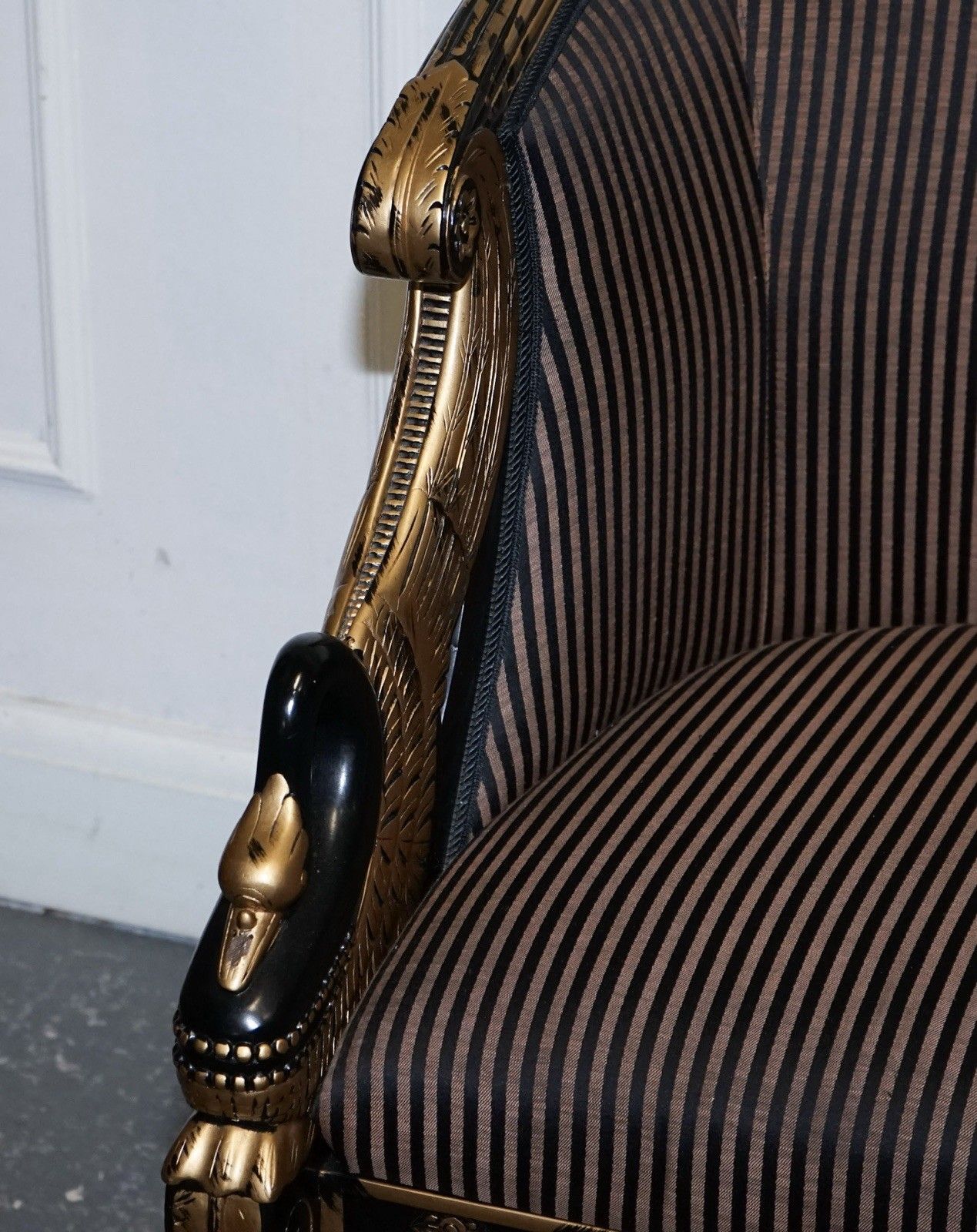 Lovely Pair Of Black Lacquered And Gilt Upholstered Open Armchairs photo for sale