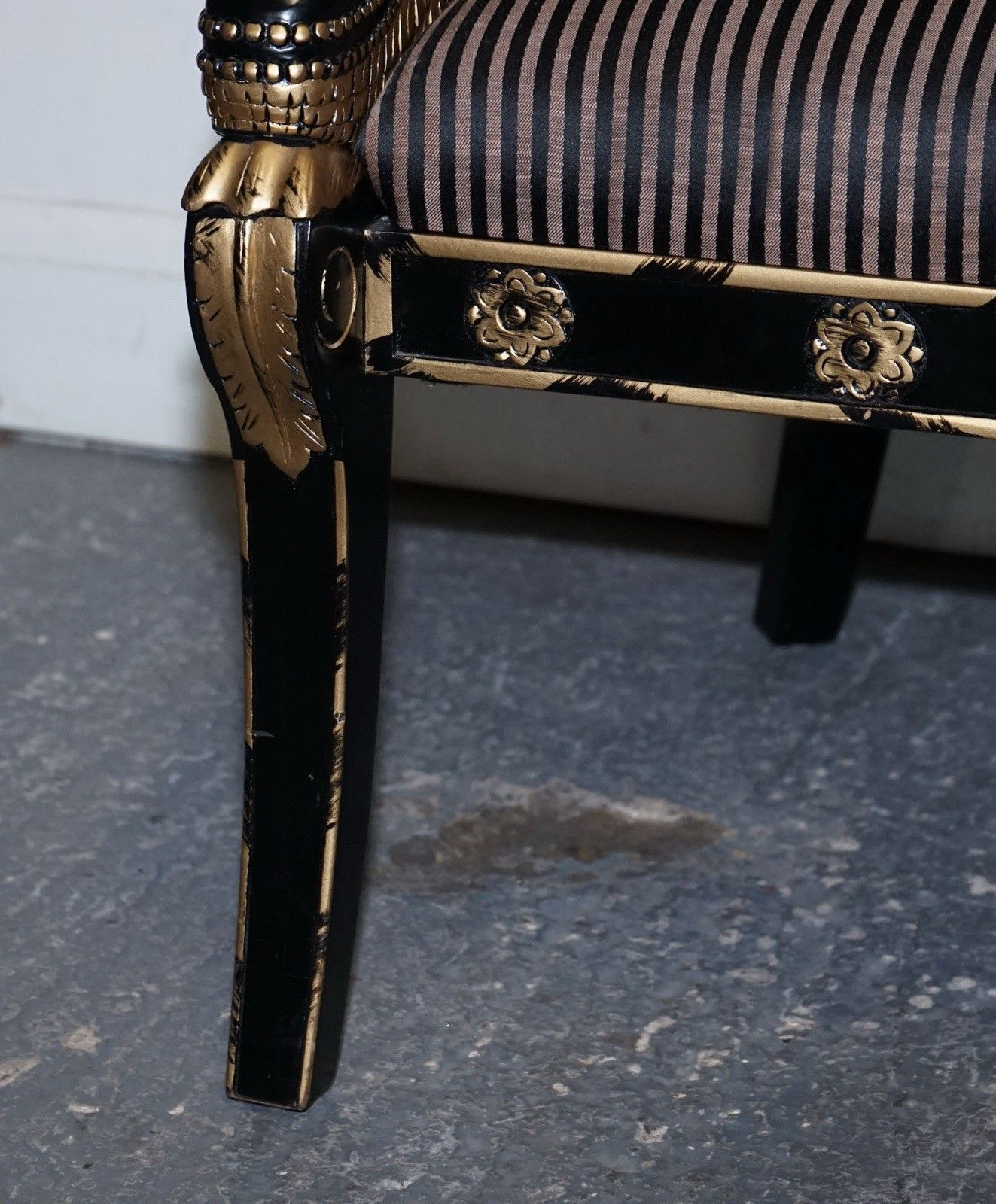 Lovely Pair Of Black Lacquered And Gilt Upholstered Open Armchairs photo Furniture