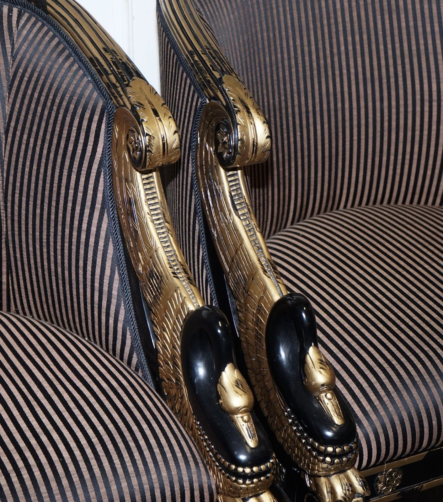 Lovely Pair Of Black Lacquered And Gilt Upholstered Open Armchairs photo 1328.0