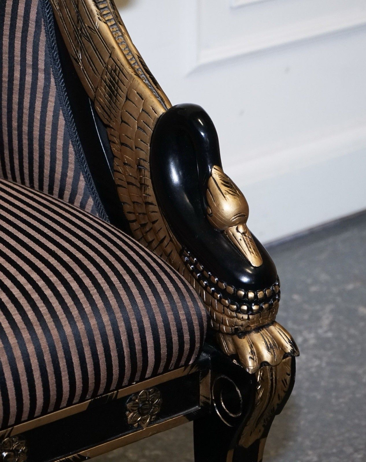 Lovely Pair Of Black Lacquered And Gilt Upholstered Open Armchairs photo buy
