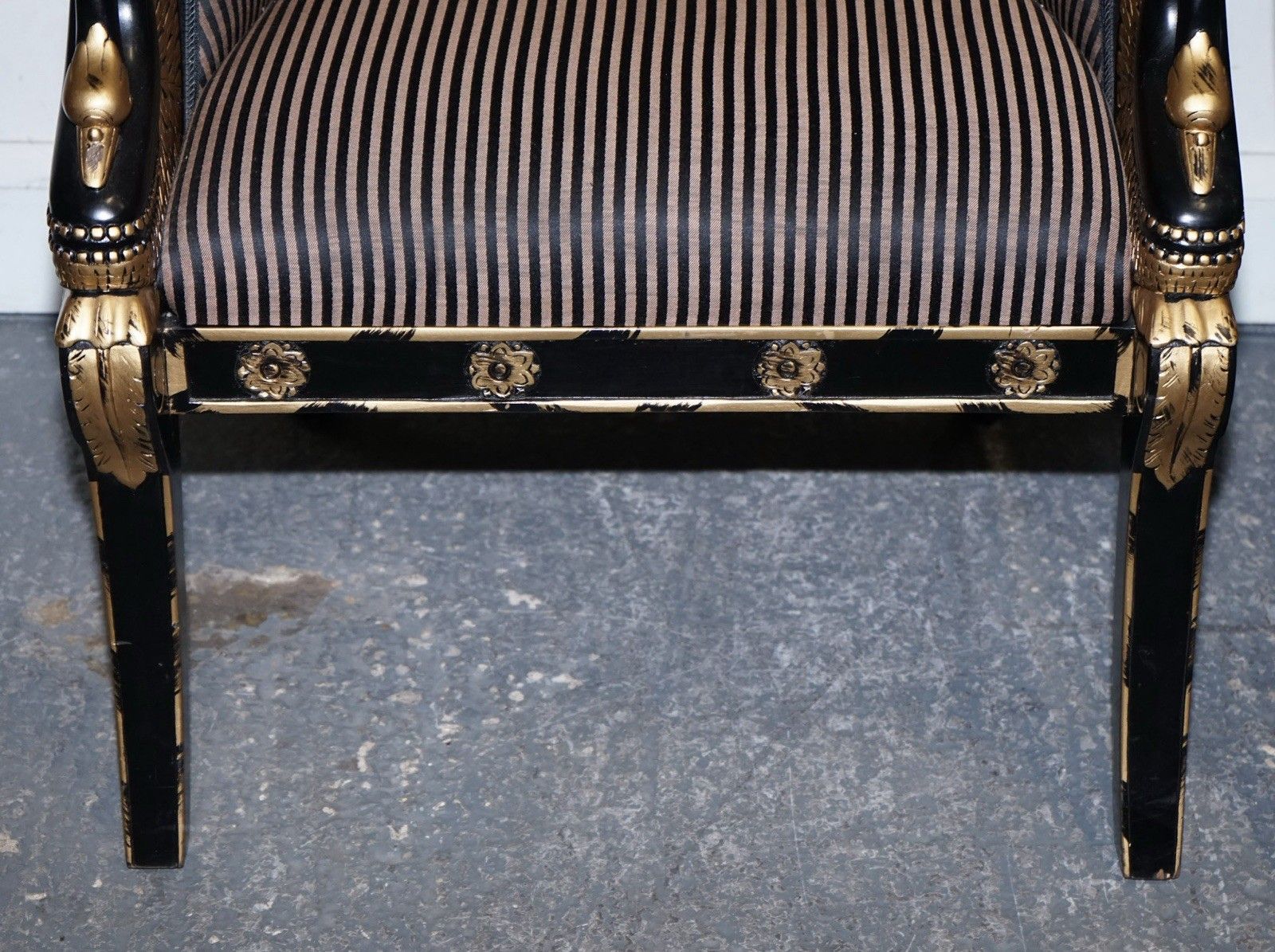 Lovely Pair Of Black Lacquered And Gilt Upholstered Open Armchairs photo vintage