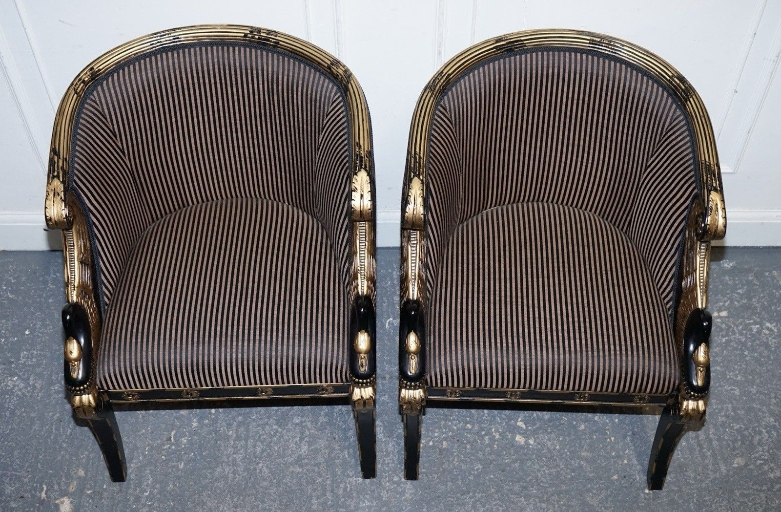 photo for sale Lovely Pair Of Black Lacquered And Gilt Upholstered Open Armchairs