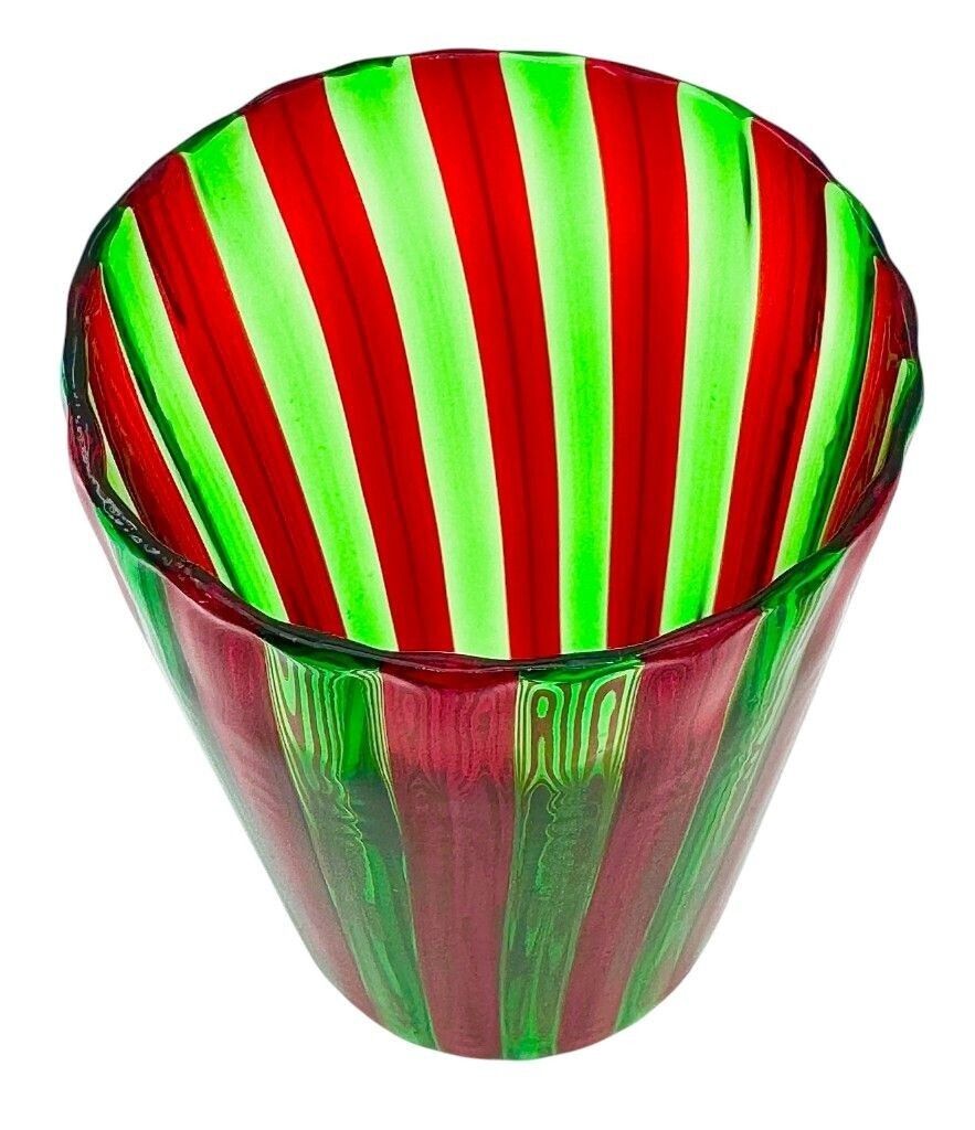 A Set Of Six Wonderful Italian Handblown Murano Glass Tumblers With Green And Red Stripes photo vintage