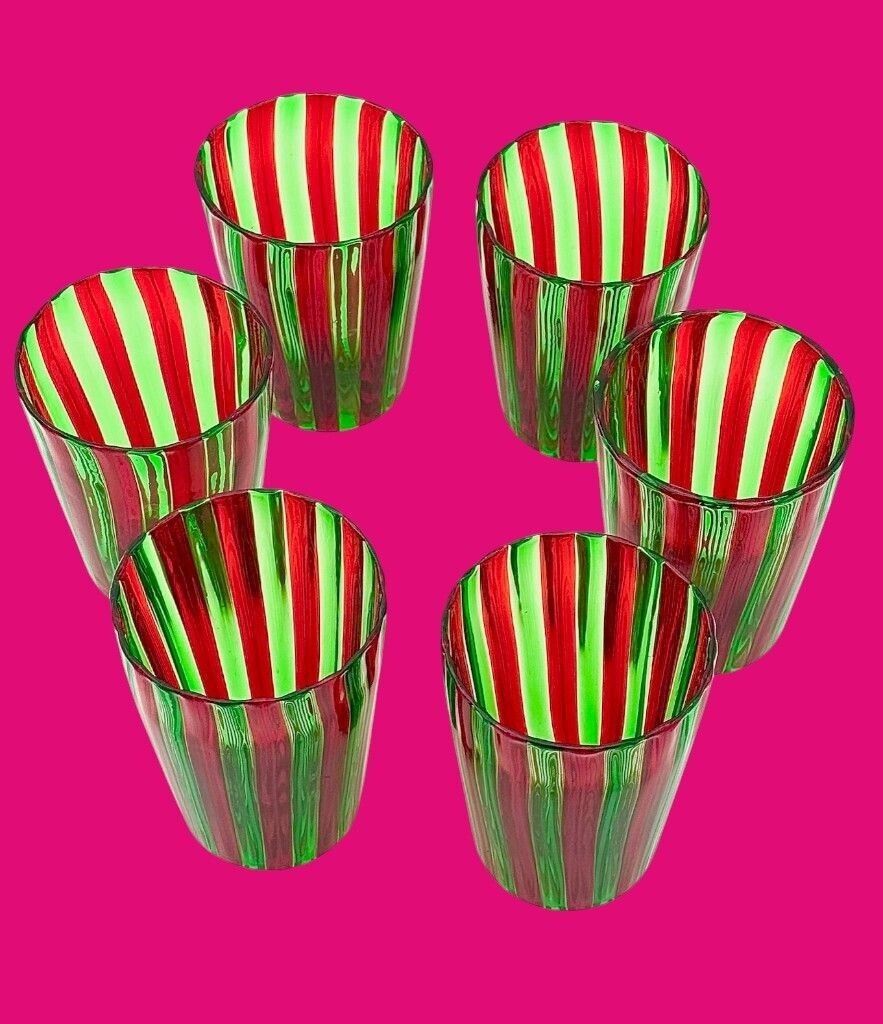 photo for sale A Set Of Six Wonderful Italian Handblown Murano Glass Tumblers With Green And Red Stripes