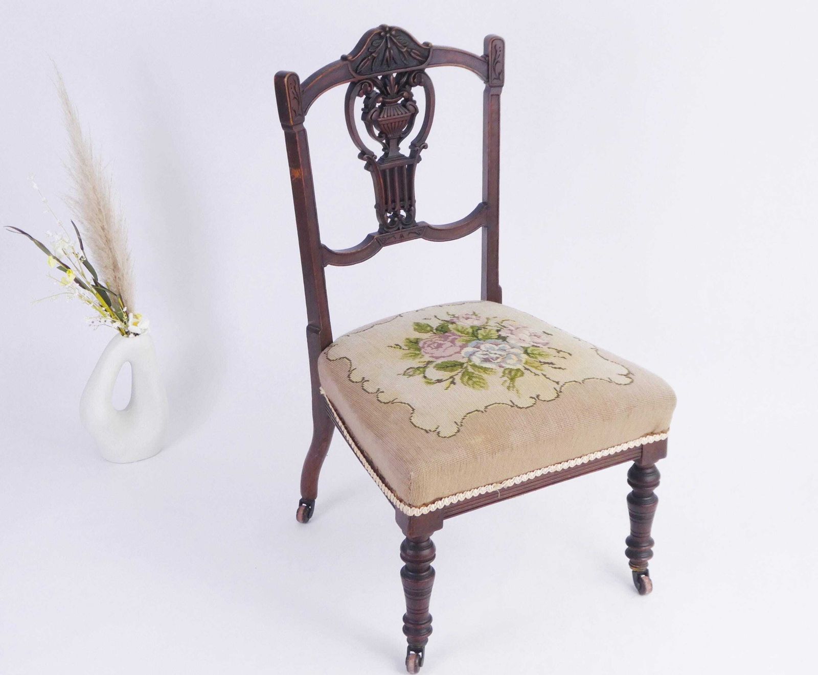 Antique English Needlepoint Chair With Wheels, Victorian Wooden Bedroom Chair With Floral Design