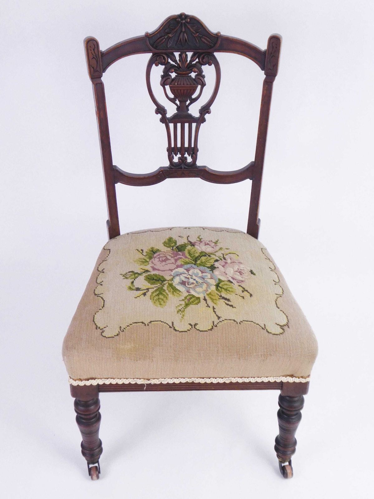Antique English Needlepoint Chair With Wheels, Victorian Wooden Bedroom Chair With Floral Design photo furniture