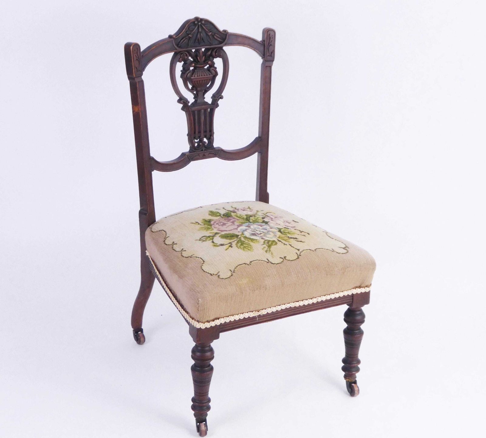 Antique English Needlepoint Chair With Wheels, Victorian Wooden Bedroom Chair With Floral Design photo for sale