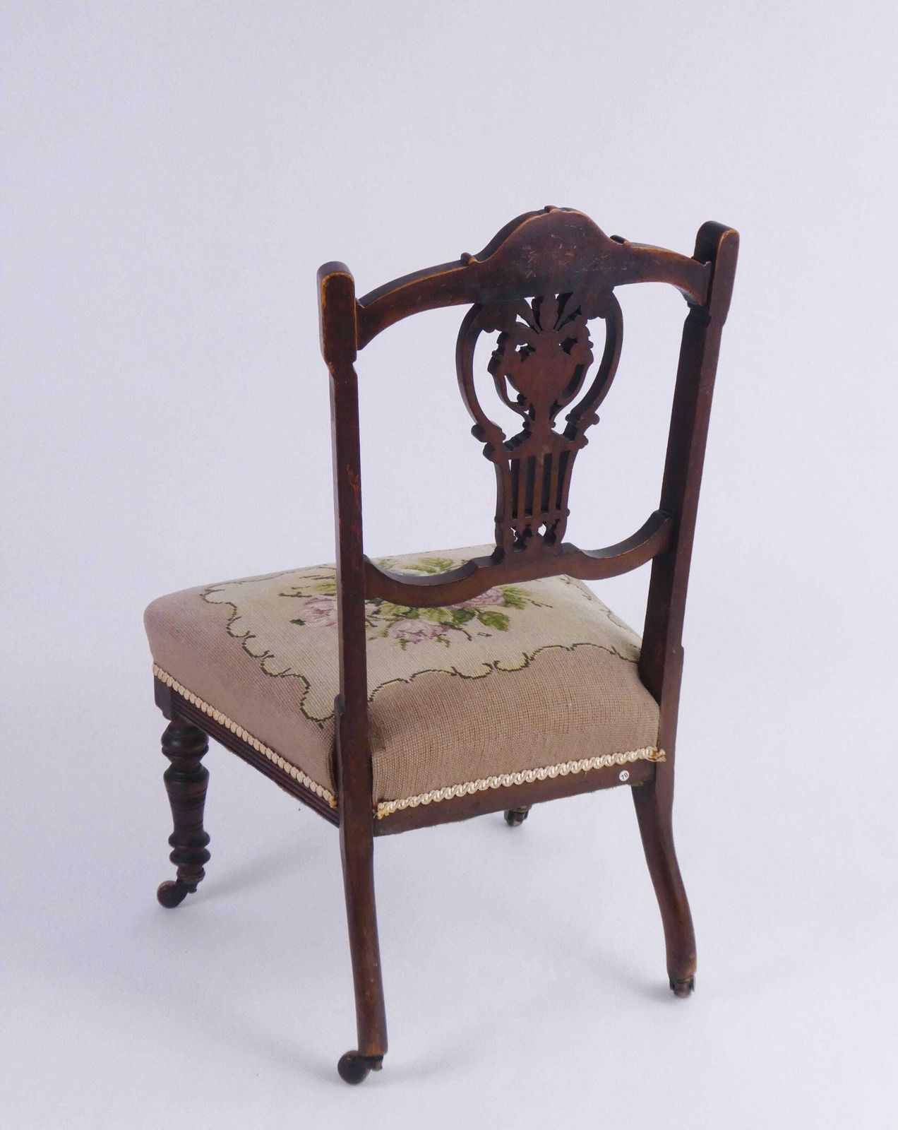 Antique English Needlepoint Chair With Wheels, Victorian Wooden Bedroom Chair With Floral Design photo 435.0