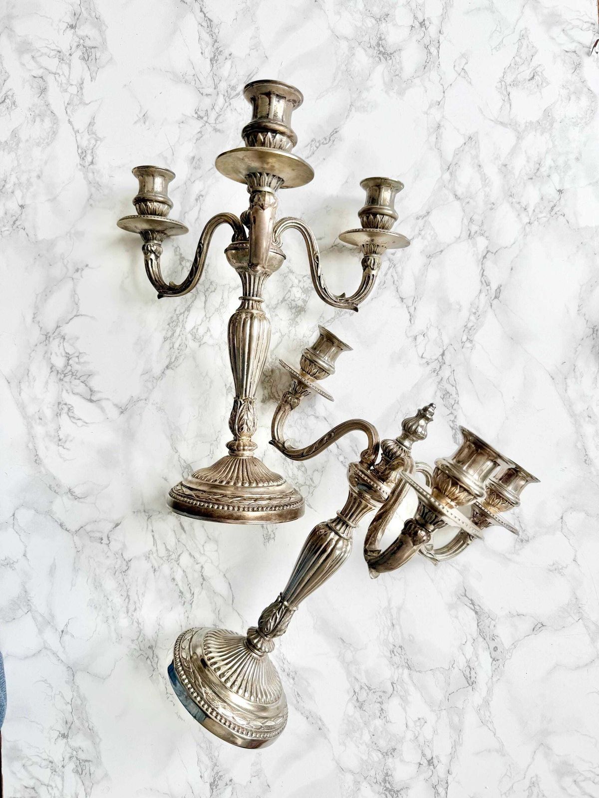 Antique French Very Large Silver Plated Candelabra Pair With 3 Lights 1700 Style, Very Nice Proportions And Fine Decor Table Top