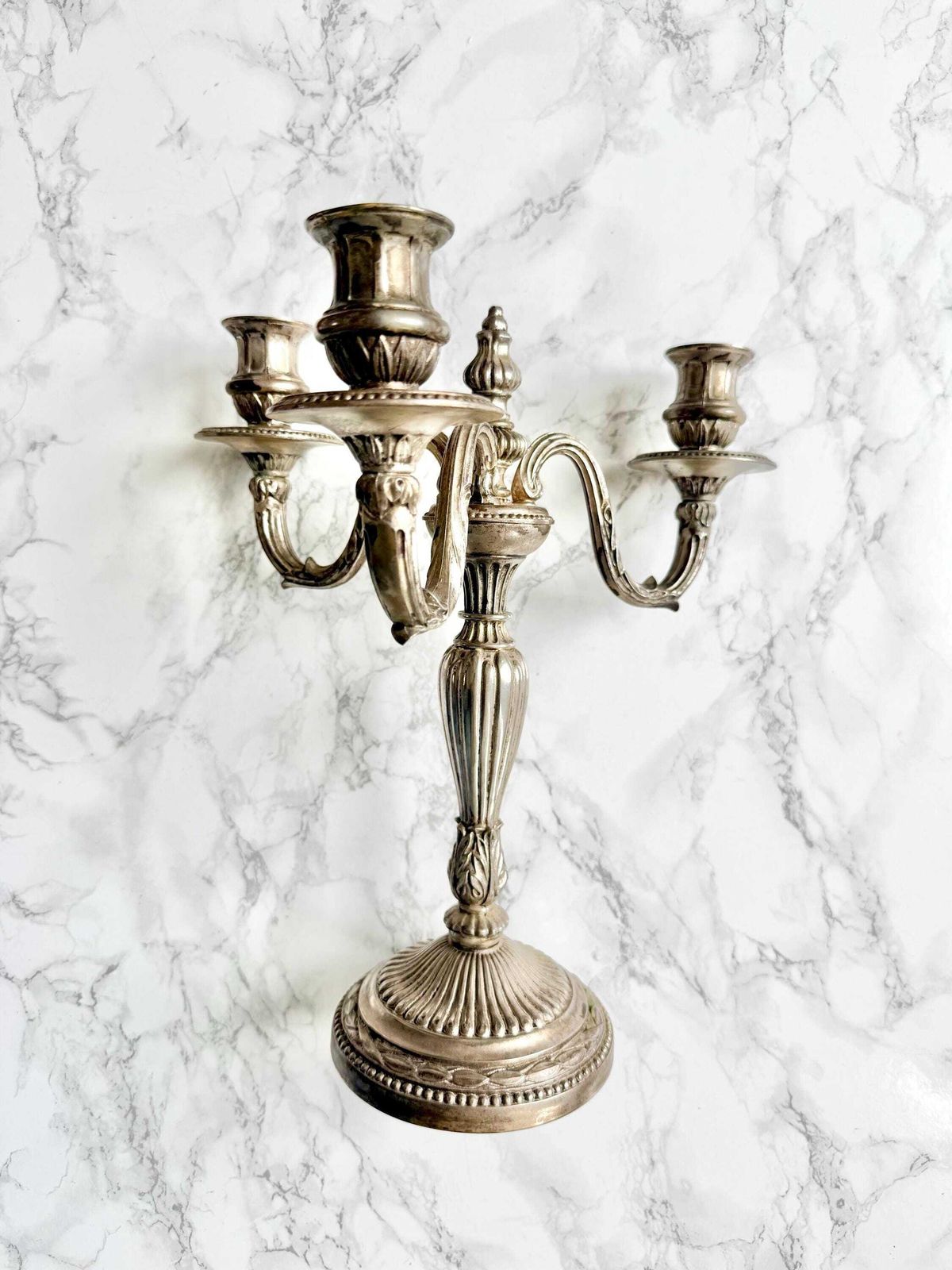 Antique French Very Large Silver Plated Candelabra Pair With 3 Lights 1700 Style, Very Nice Proportions And Fine Decor Table Top photo furniture