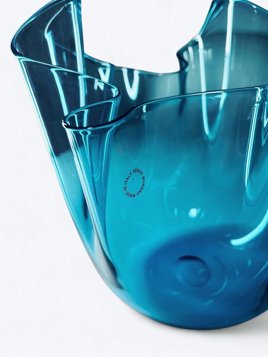 Fazzoletto Vase In Blue Murano Glass From Venini, Italy photo Home Decor