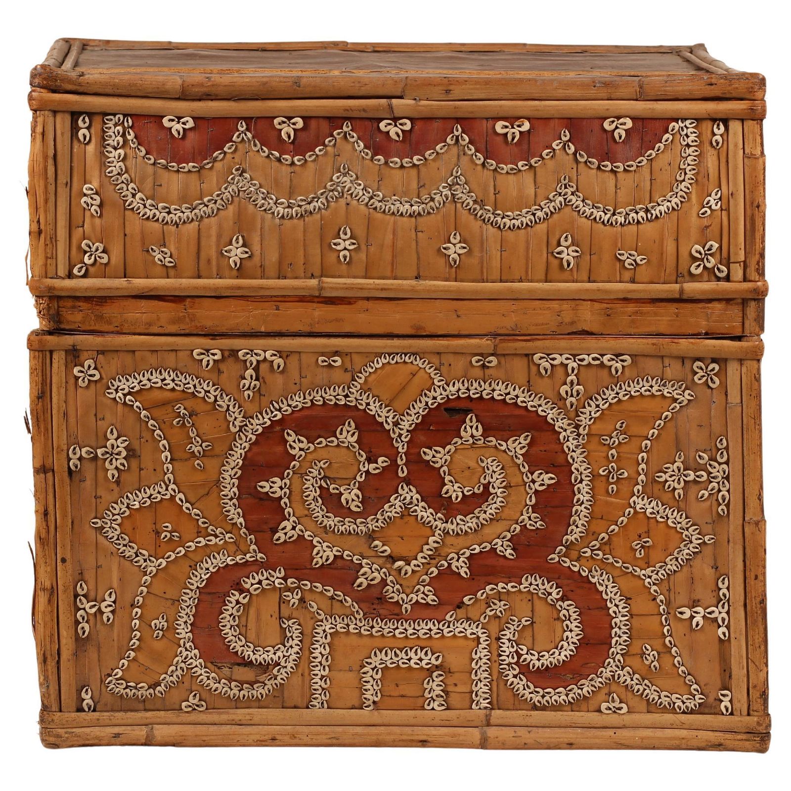 Dowry Box, Lombok Indonesia, Cowrie, Painted Palm & Bamboo 1950’s photo 830.0