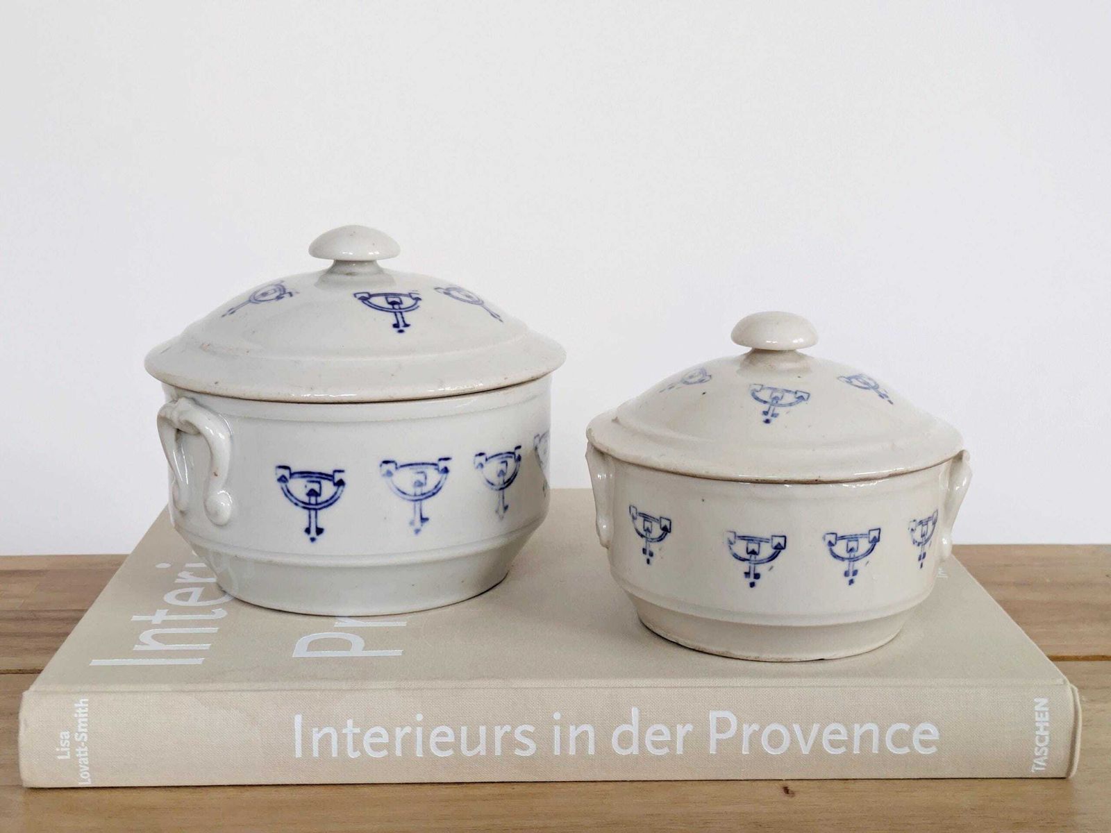 Set Of 2 Antique Art Deco Saint Uze Lidded Ceramic Pots, French Blue photo furniture