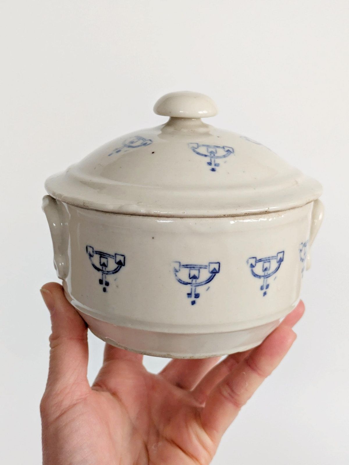 Set Of 2 Antique Art Deco Saint Uze Lidded Ceramic Pots, French Blue photo buy