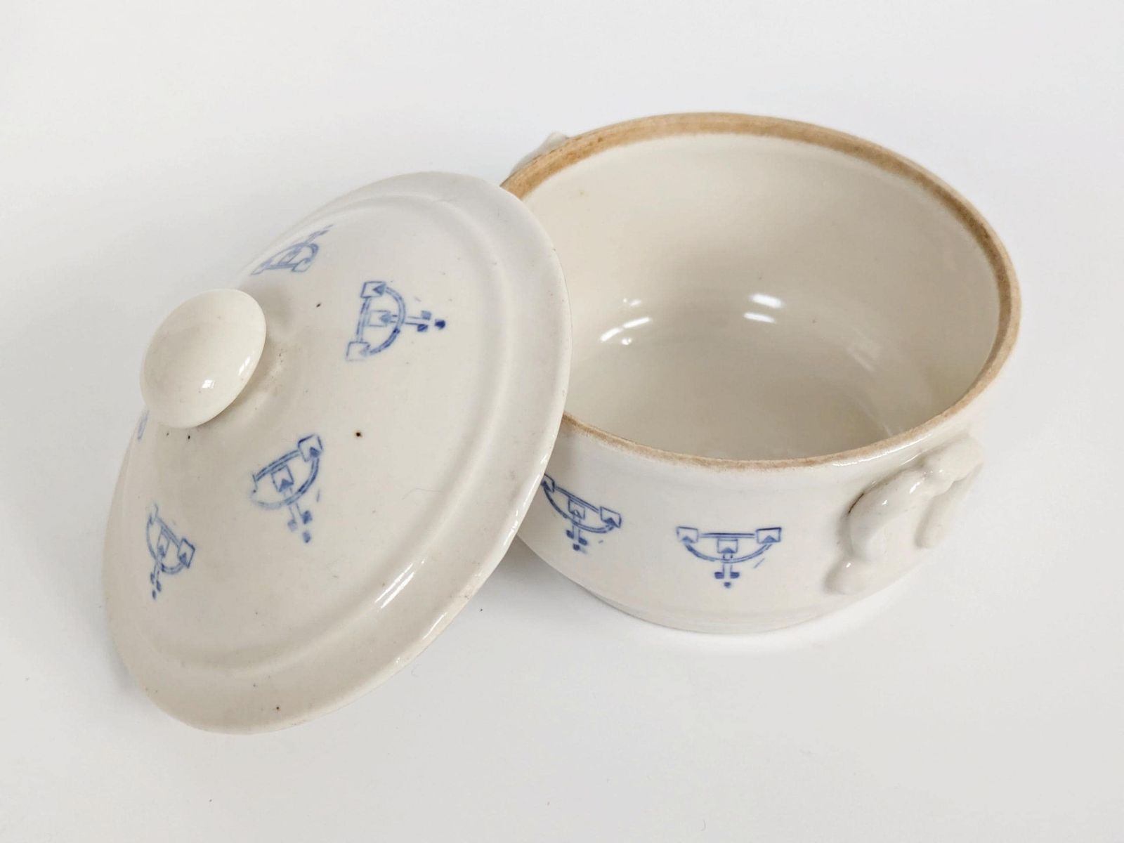 Set Of 2 Antique Art Deco Saint Uze Lidded Ceramic Pots, French Blue photo vintage