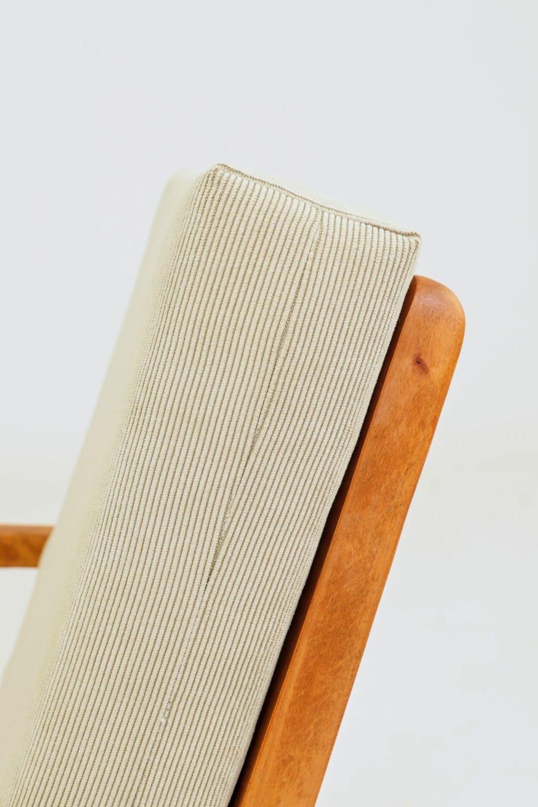 Furniture Mid Century Armchair Vintage Pastel Olive Cordury Cushion Wooden Lounge Chair, 1980s photo