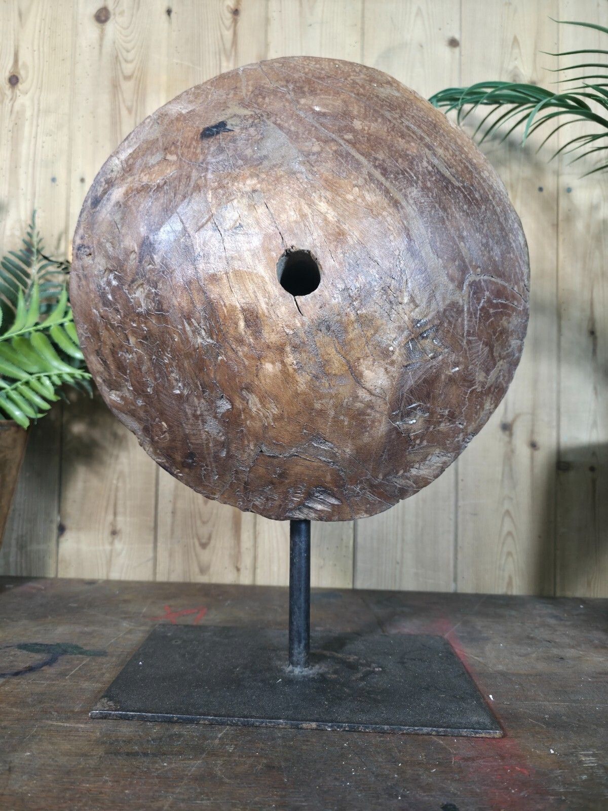 Old Ancient Wabi Sabi Rustic Salvaged Wooden Pulley Cart Wheel Mounted On Stand photo furniture