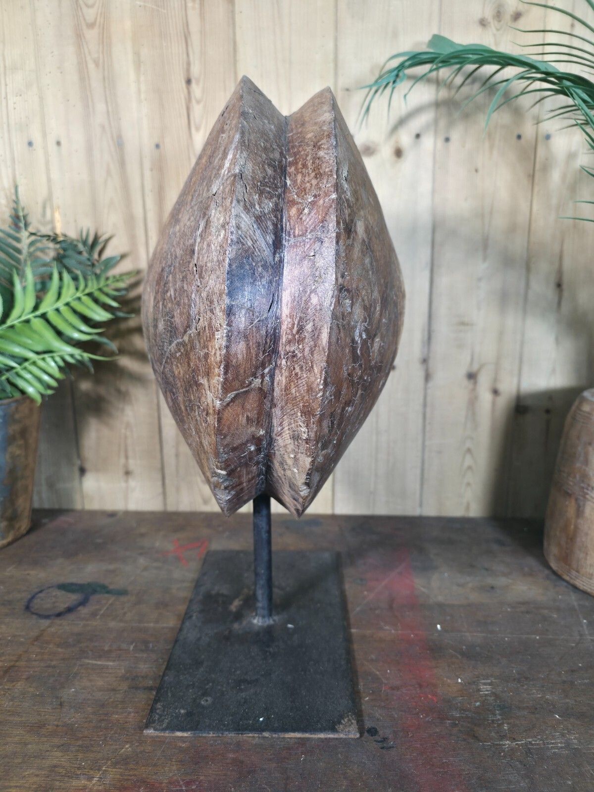 Old Ancient Wabi Sabi Rustic Salvaged Wooden Pulley Cart Wheel Mounted On Stand photo Art