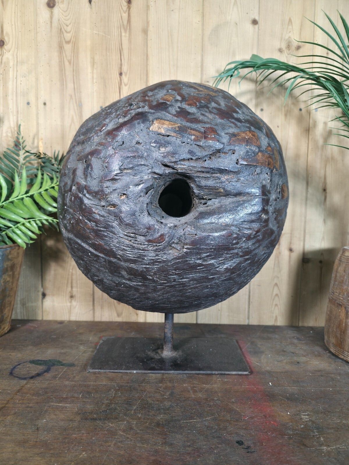 Old Ancient Wabi Sabi Rustic Salvaged Wooden Pulley Cart Wheel Mounted On Stand photo furniture