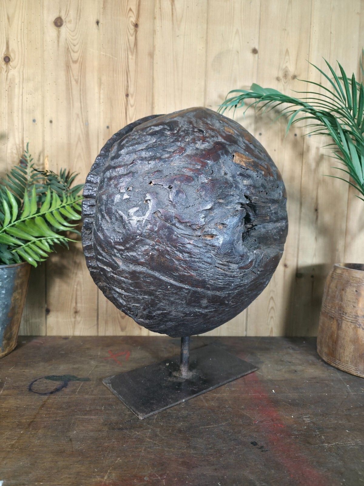 Old Ancient Wabi Sabi Rustic Salvaged Wooden Pulley Cart Wheel Mounted On Stand photo for sale