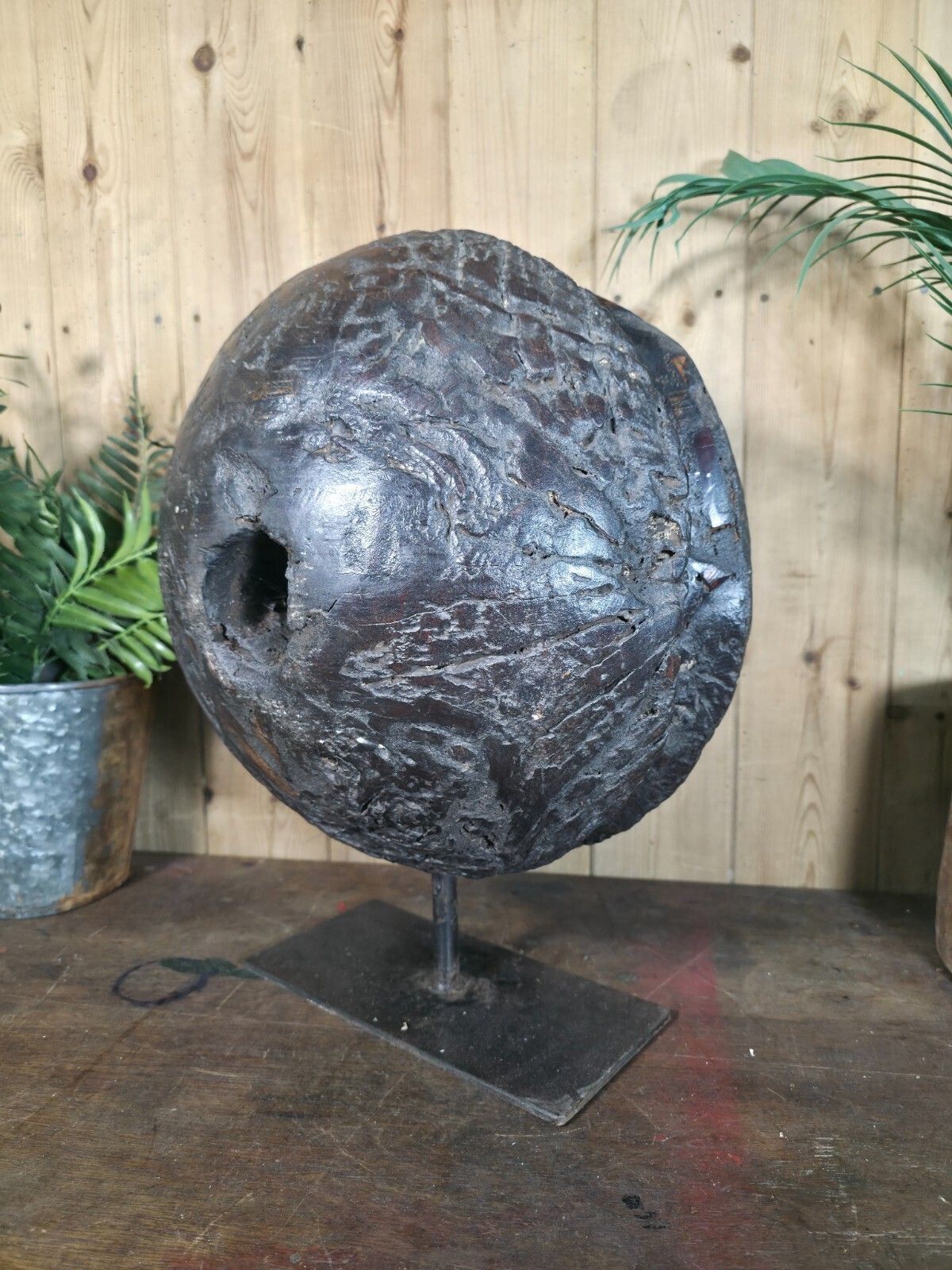 Old Ancient Wabi Sabi Rustic Salvaged Wooden Pulley Cart Wheel Mounted On Stand photo vinterior