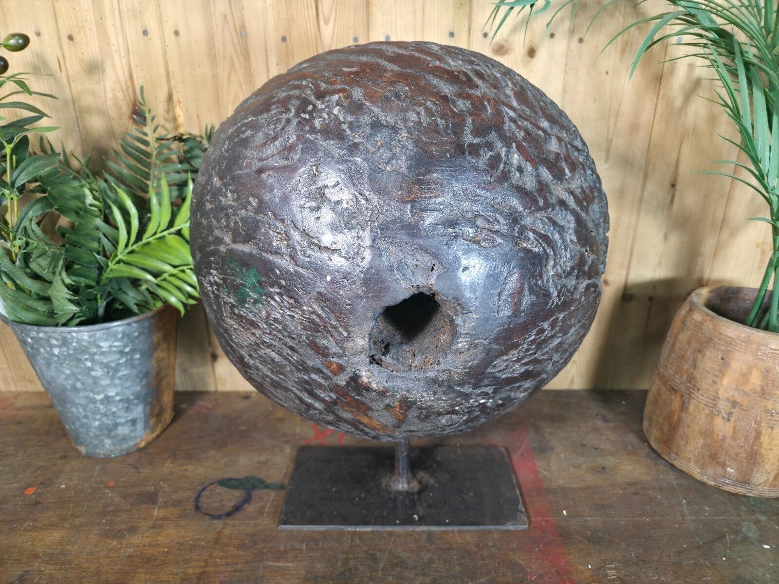 Old Ancient Wabi Sabi Rustic Salvaged Wooden Pulley Cart Wheel Mounted On Stand photo buy