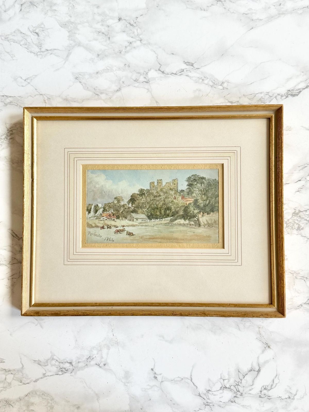Antique Victorian Double Sided Watercolour Original Art Situated And Dated   Rochester 1864 And Gravesend Aug 1864 Framed And Glazed