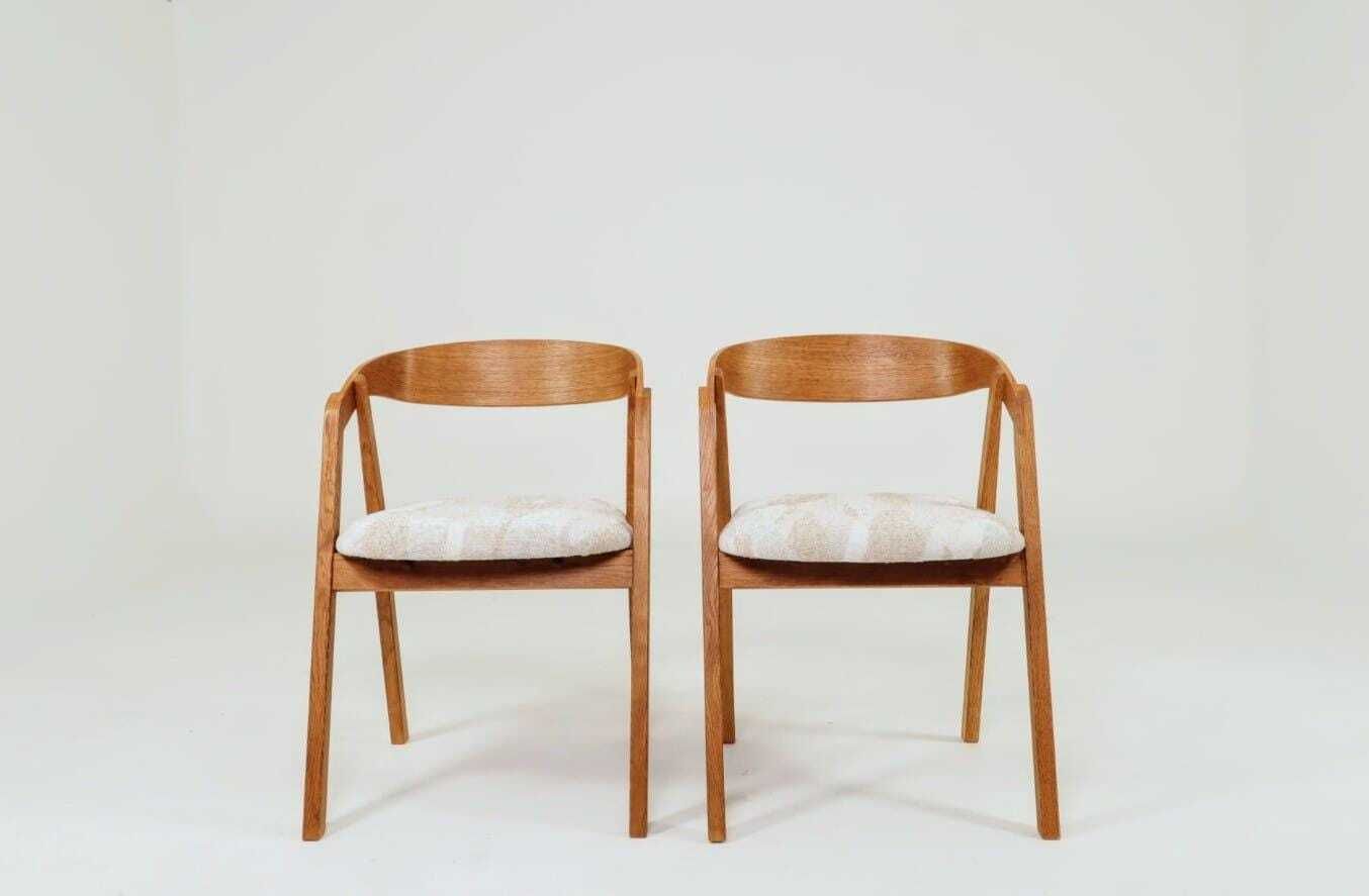 Set Of Two Oak Dining Chairs, Natural Wood, Jacquard Fabric