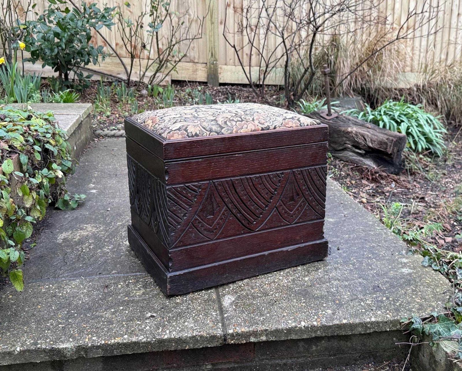 Antique Carved Oak Storage Ottoman Stool, Wooden Storage Box, With Upholstered Lid, Arts & Crafts Era