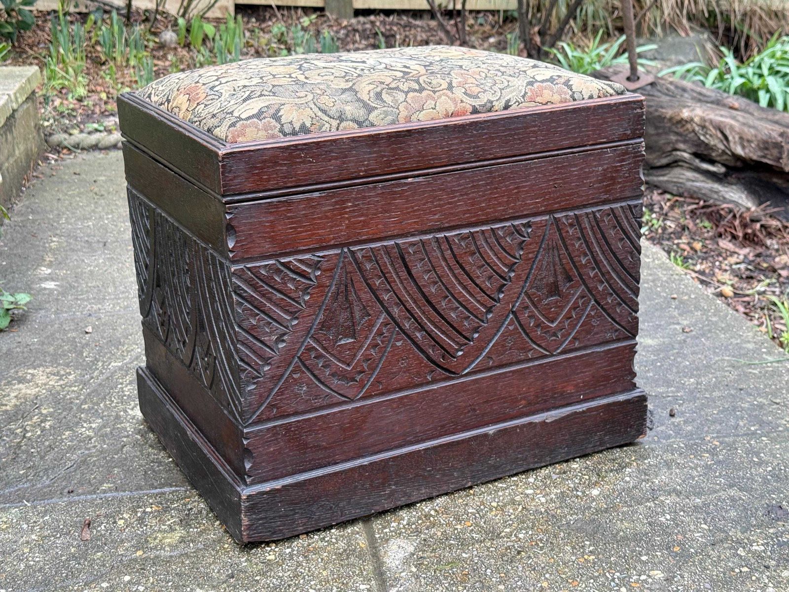 Antique Carved Oak Storage Ottoman Stool, Wooden Storage Box, With Upholstered Lid, Arts & Crafts Era photo furniture