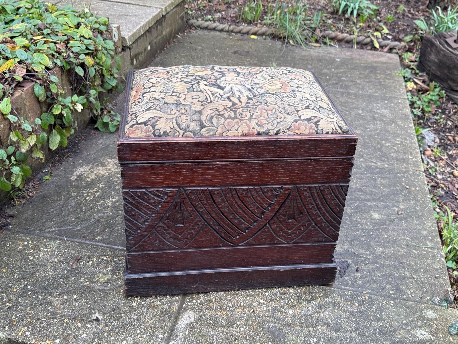 Antique Carved Oak Storage Ottoman Stool, Wooden Storage Box, With Upholstered Lid, Arts & Crafts Era photo Furniture