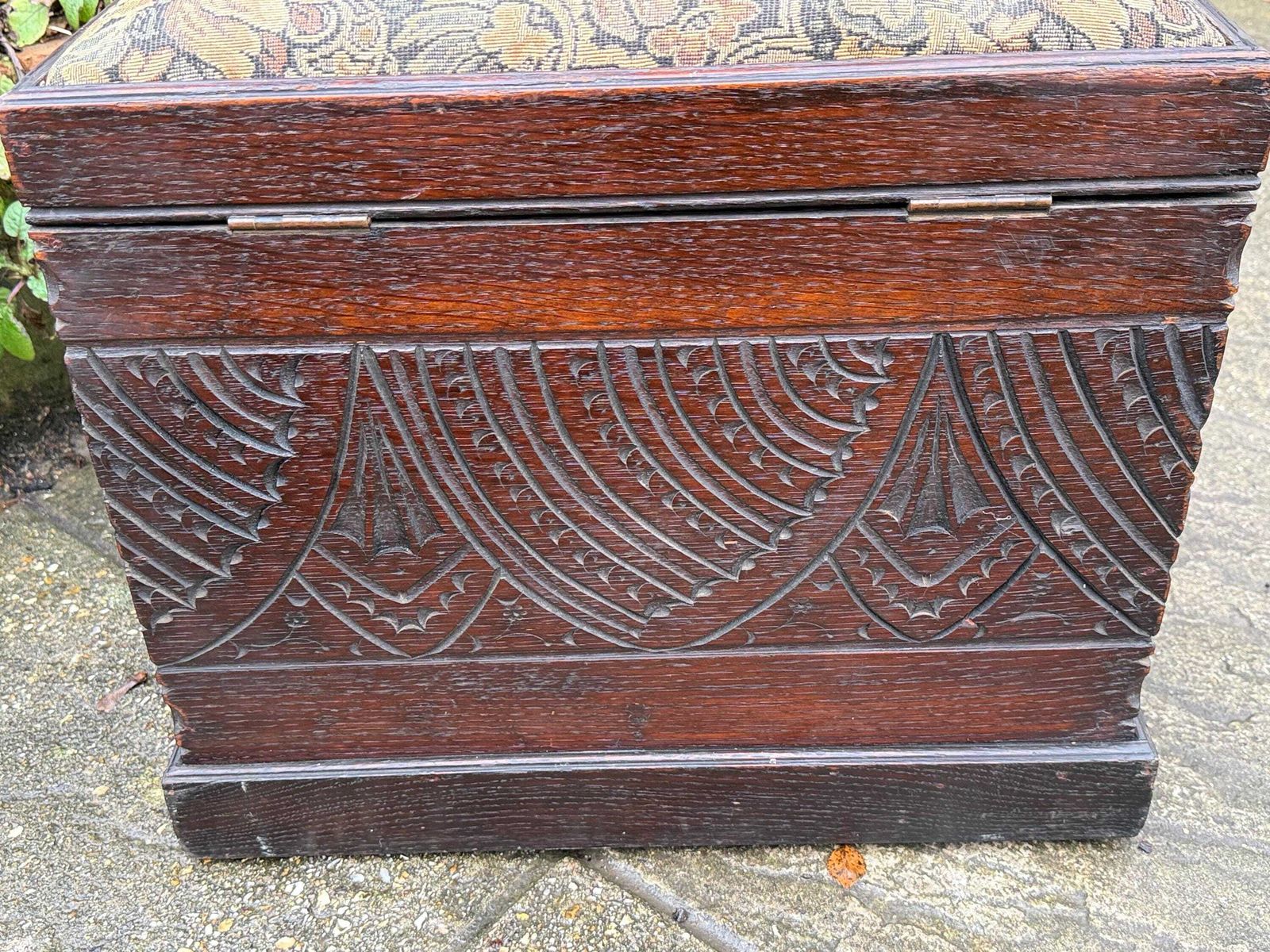265.0 Antique Carved Oak Storage Ottoman Stool, Wooden Storage Box, With Upholstered Lid, Arts & Crafts Era photo