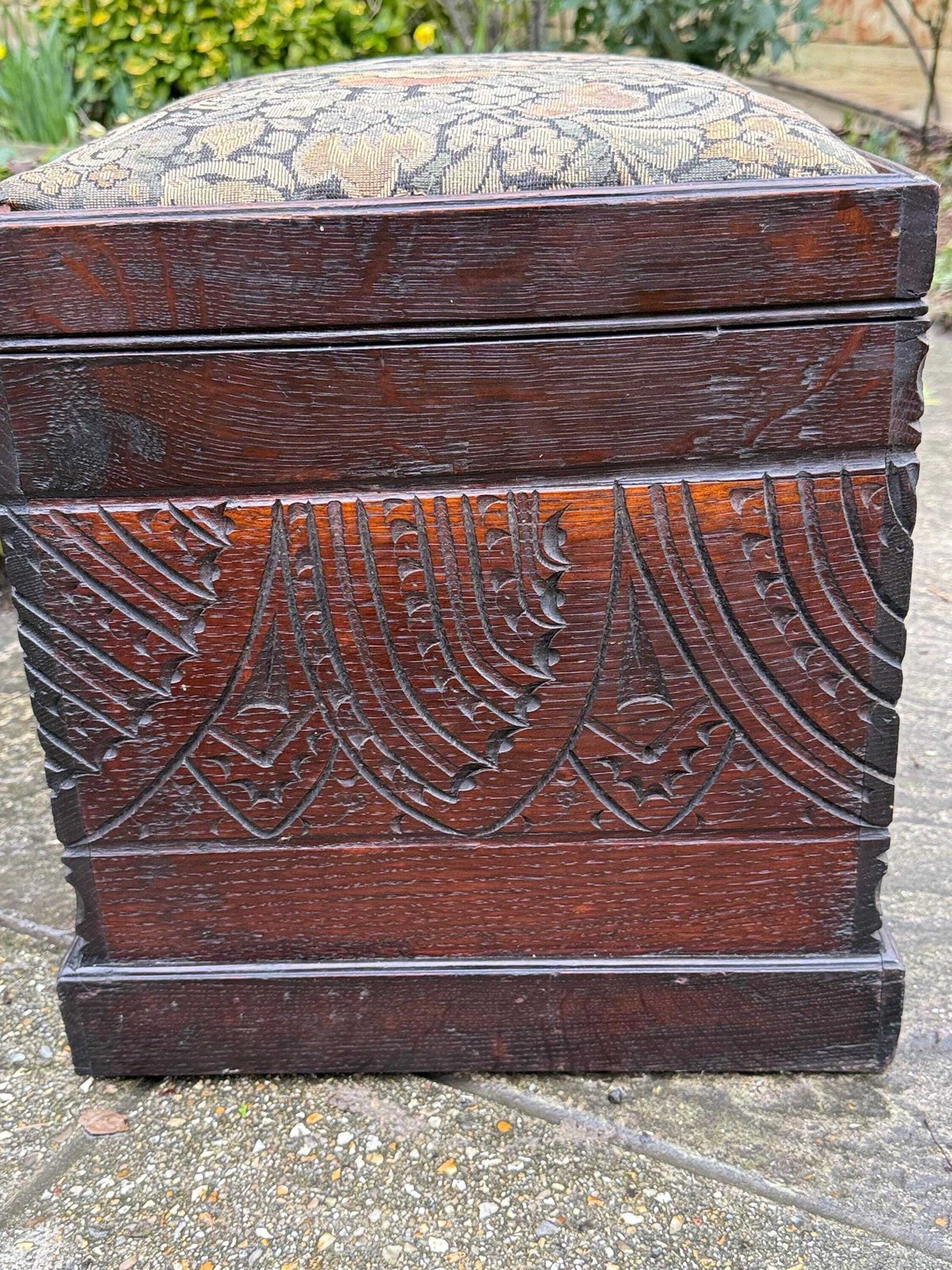 photo vinterior Antique Carved Oak Storage Ottoman Stool, Wooden Storage Box, With Upholstered Lid, Arts & Crafts Era