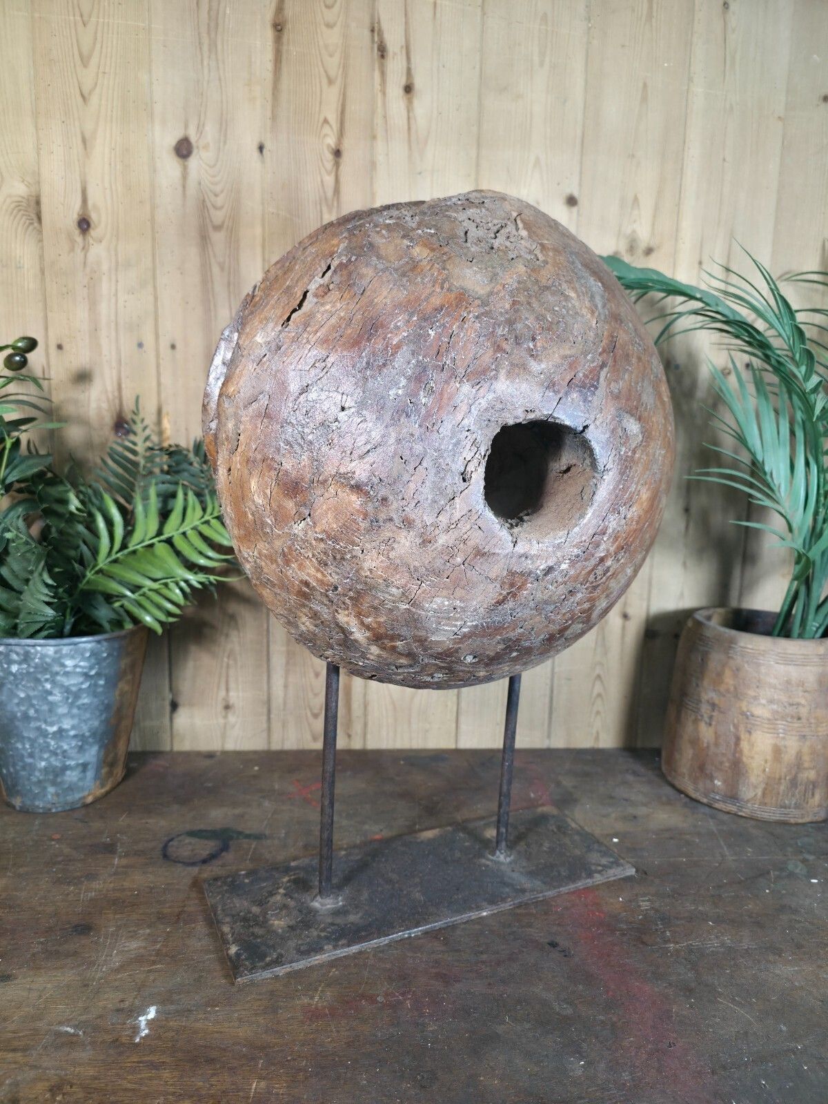 Old Ancient Wabi Sabi Rustic Salvaged Wooden Pulley Cart Wheel Mounted On Stand photo for sale