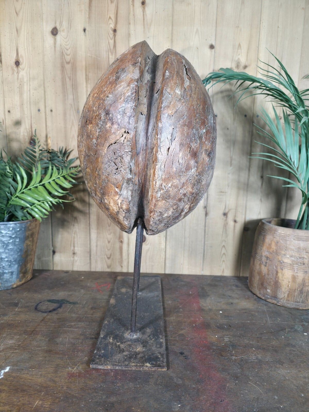 Old Ancient Wabi Sabi Rustic Salvaged Wooden Pulley Cart Wheel Mounted On Stand photo 115.0