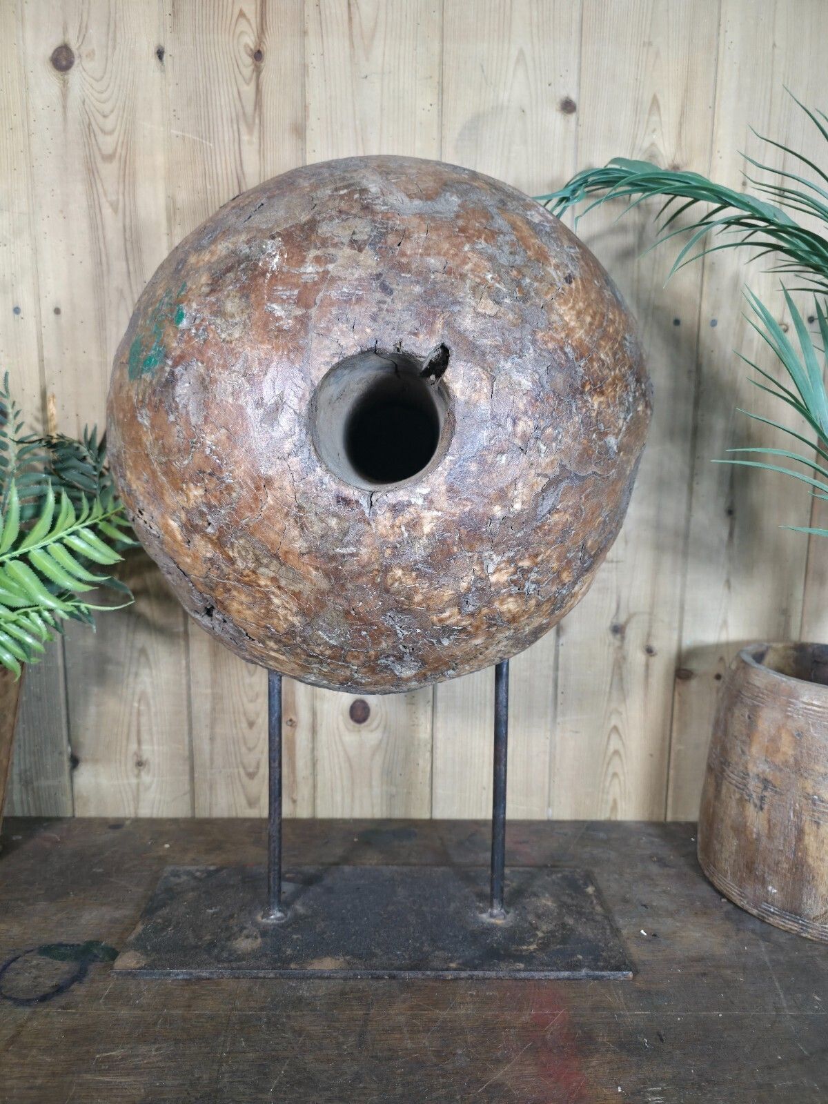Old Ancient Wabi Sabi Rustic Salvaged Wooden Pulley Cart Wheel Mounted On Stand photo buy