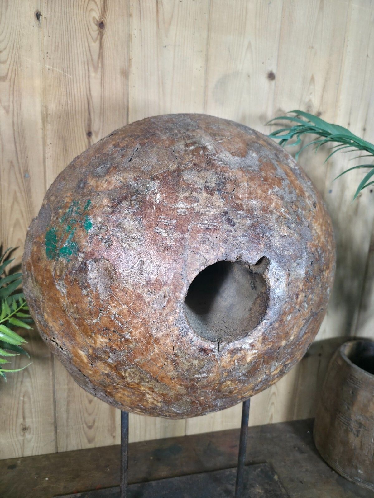 Old Ancient Wabi Sabi Rustic Salvaged Wooden Pulley Cart Wheel Mounted On Stand photo vintage