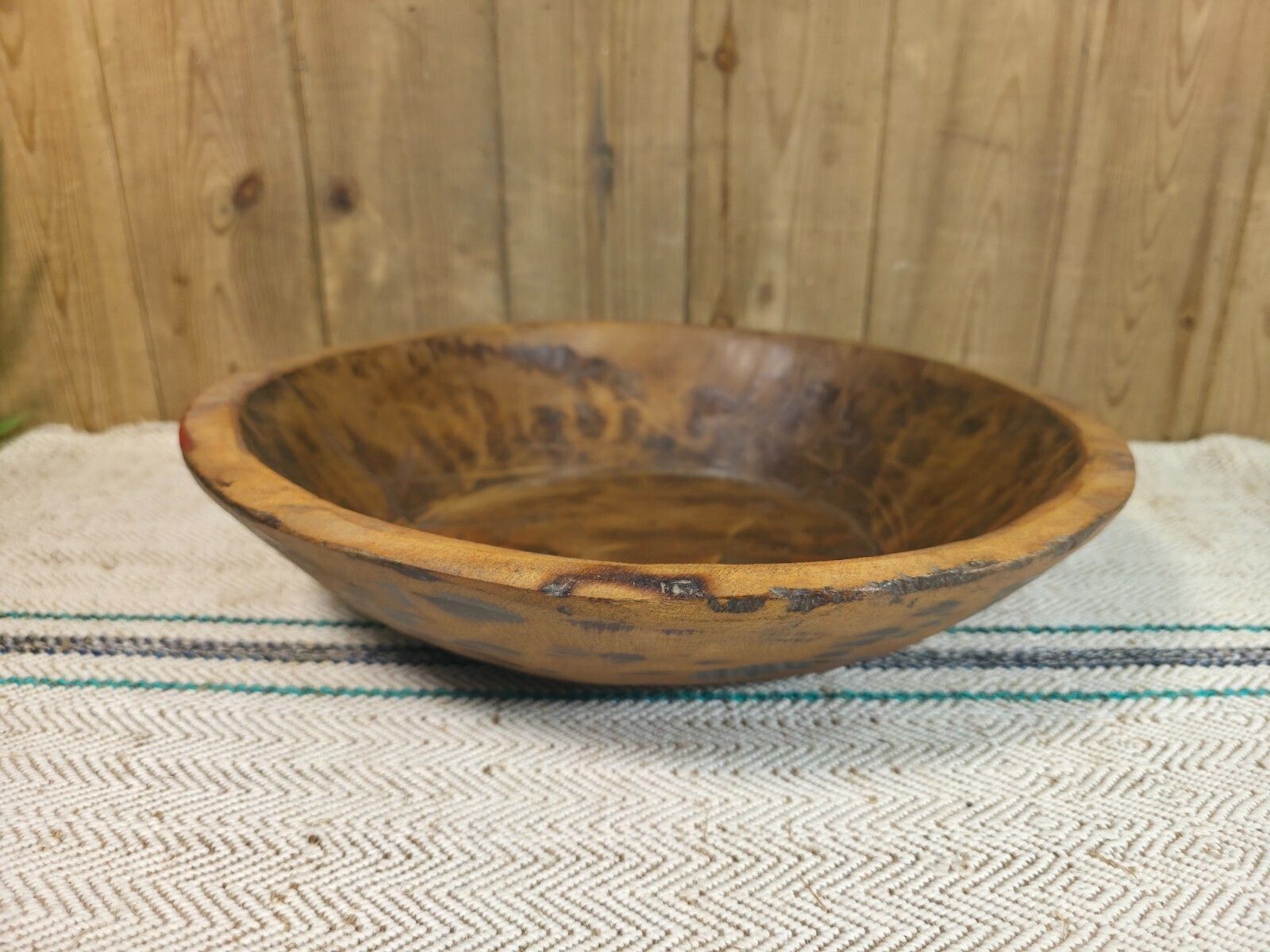 Vintage Rustic Wabi Sabi Indian Hand Carved Wooden Dough Bowl photo for sale
