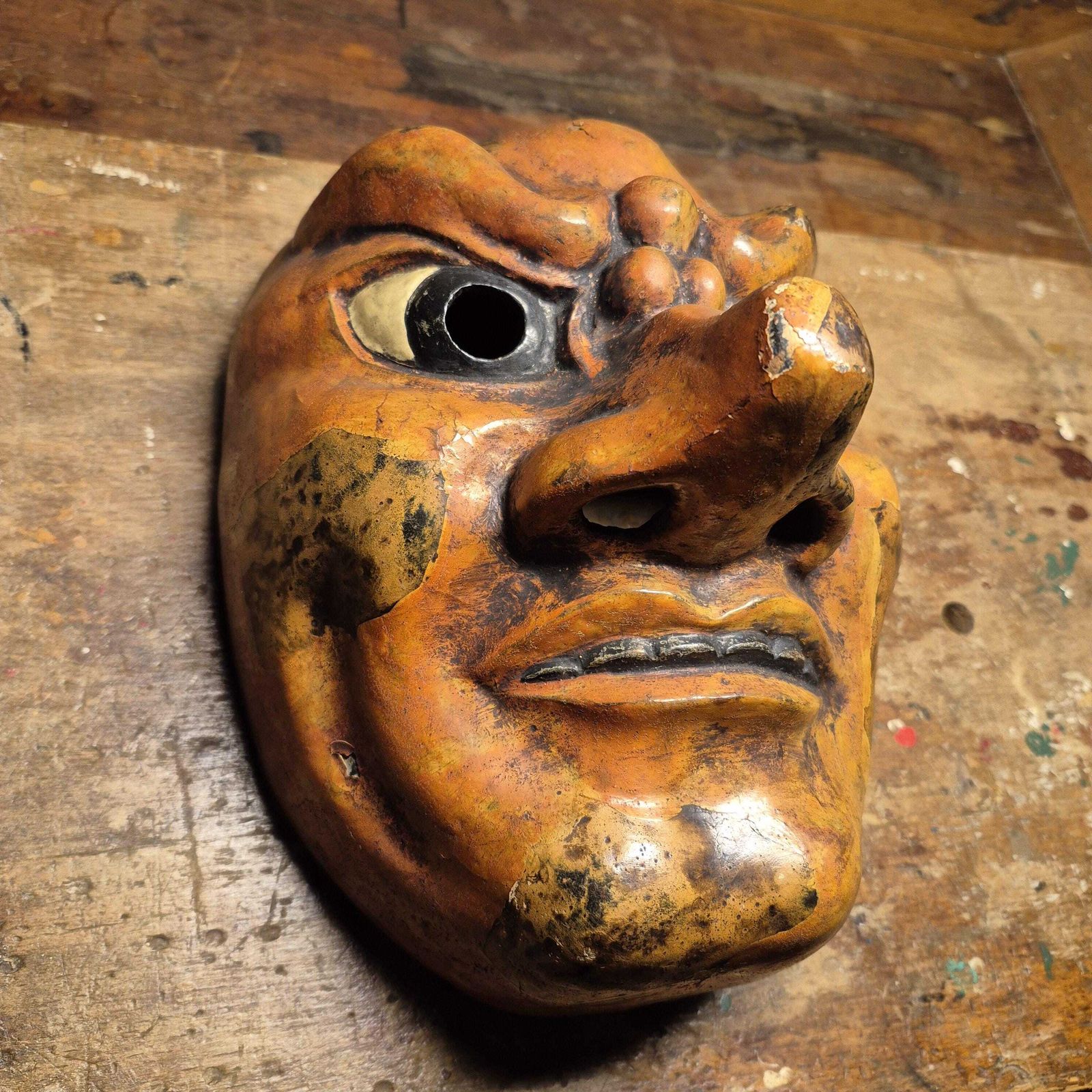 Horror Theatre Mask   Japanese Folk Art Wood Carved Display photo vintage